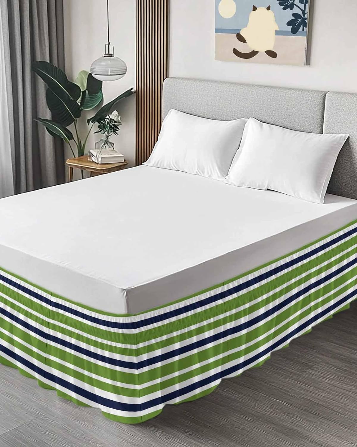 Bed Skirt Navy Blue Green Stripes Bed Skirt 18 Inch Drop Lime Green Striped Elastic Wrap Around Bed Skirt Dust Ruffle for Queen Size Bed