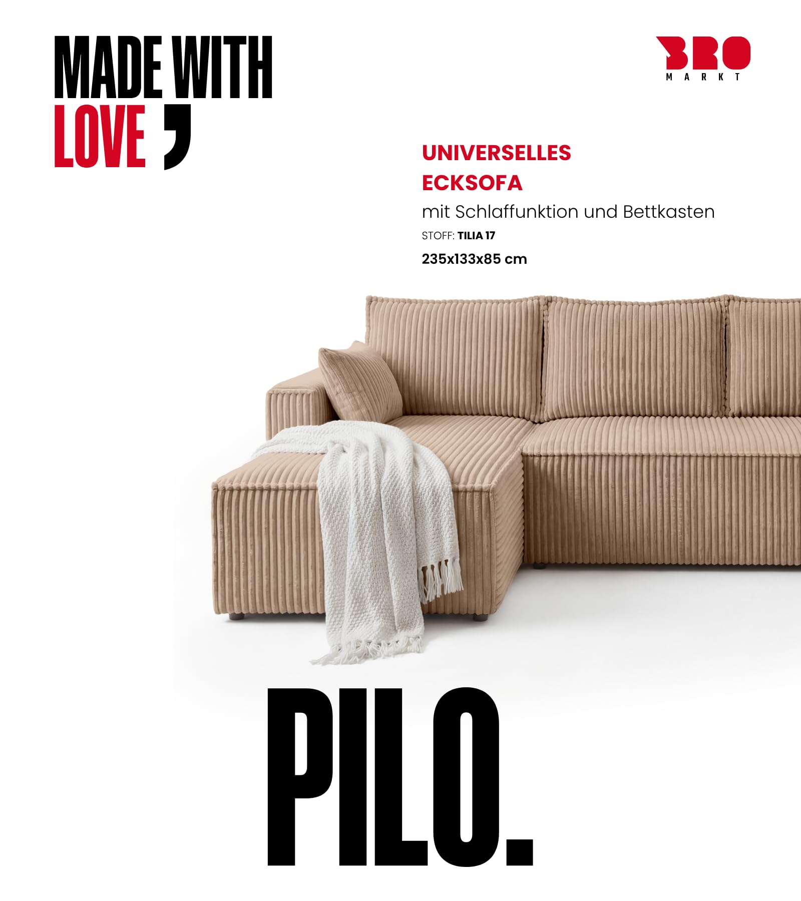 BROMARKT Sofa mit Schlaffunktion L Form Ecksofa mit Bettkasten Hellbraun | Couch Eckcouch Schlafcouch Schlafsofa Sofabett Eckschlafsofa 235x133x85 cm 3 Sitzer Wohnlandschaft Cordstoff PILO