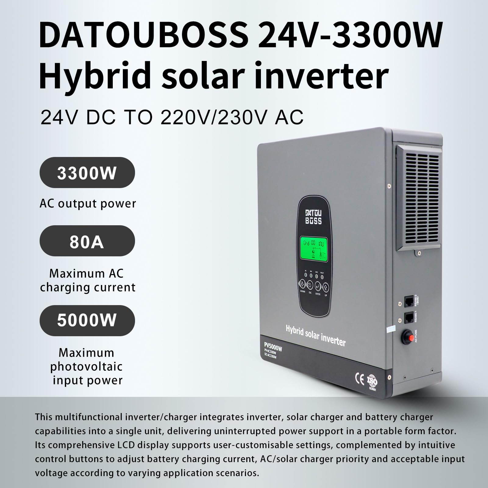 DATOUBOSS 3300W 24V Hybrid Wechselrichter Reiner Sinus, 120A MPPT 5000W PV, 24V auf 230V, Off-Grid Solar Inverter, BMS kompatibel, für Blei- & Lithium-Batterien