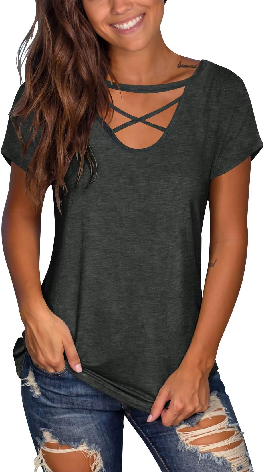 Floral Find Women's Short Sleeve Criss Cross Tops Casual V Neck Choker T Shirt Tees