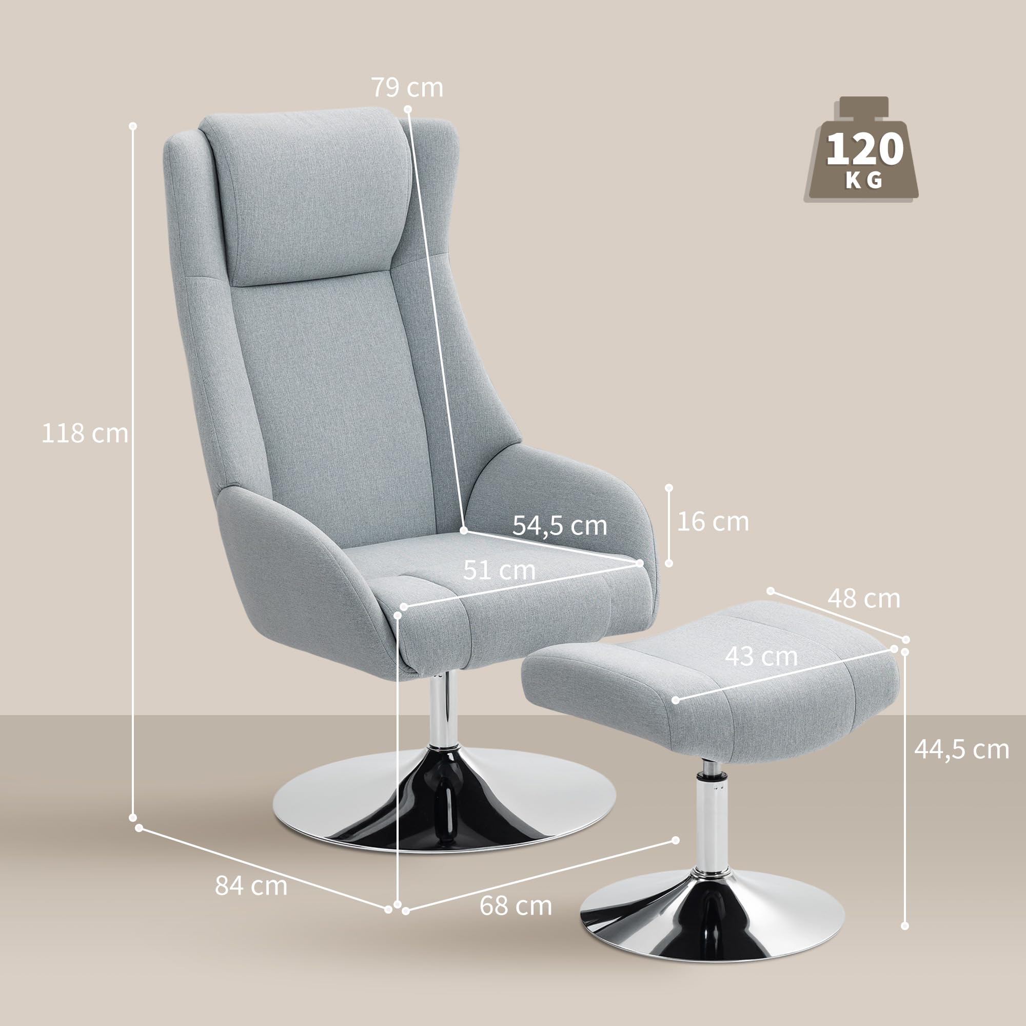 HOMCOM Relaxsessel mit Hocker, 360°drehbarer Fernsehsessel mit hoher Rückenlehne, TV-Sessel mit Samtoptik, Kopfstütze, Metallsockel, Polstersessel für Wohnzimmer, Grau