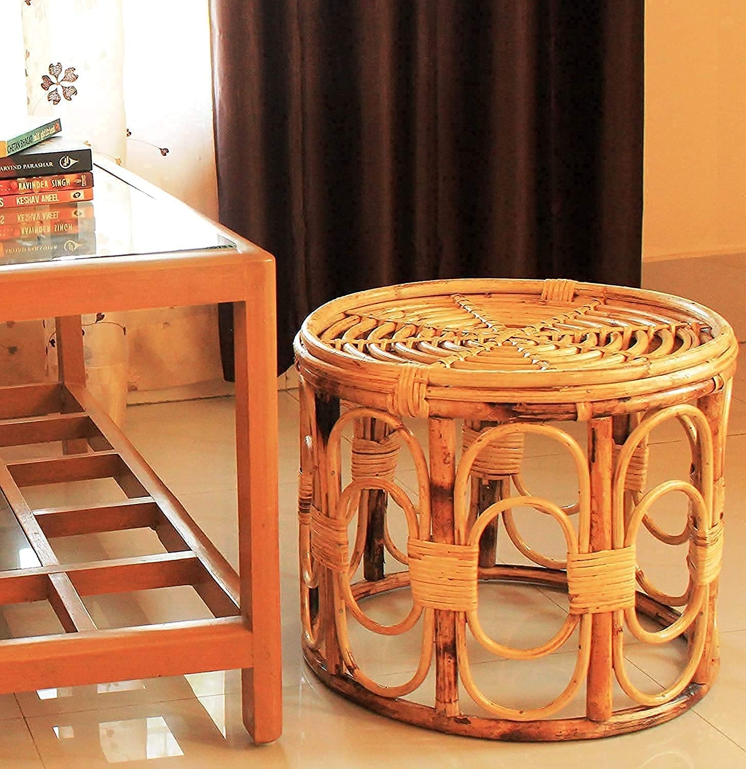 cane crafts round cane stool (mooda/mora) for sitting | handmade bamboo cane stool for living room, balcony & garden | natural wicker ottoman footstool for home decor