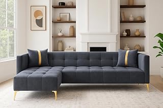 FURNY Styliving 6 Seater Fabric LHS L Shape Sofa Set (Dark Grey) with Golden Finish Legs | Durable & Comfortable | Ideal f... Price In India
