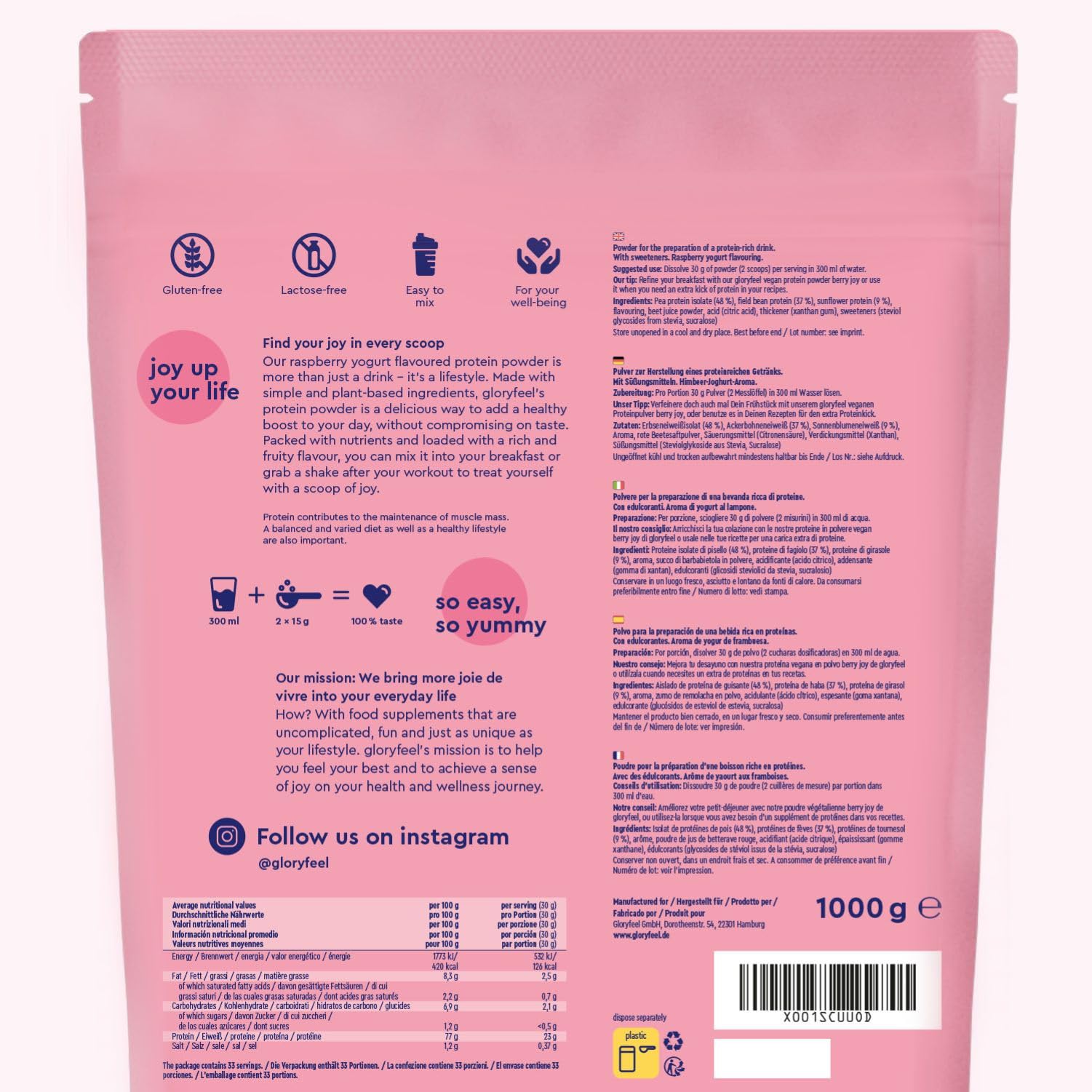 Proteína Vegana - Sabor FRAMBUESA - 1kg Proteína en polvo sin azúcar - 23g de proteinas para aumentar o mantener la masa muscular - Aislado de proteina de guisante - Sin soja, gluten ni lactosa