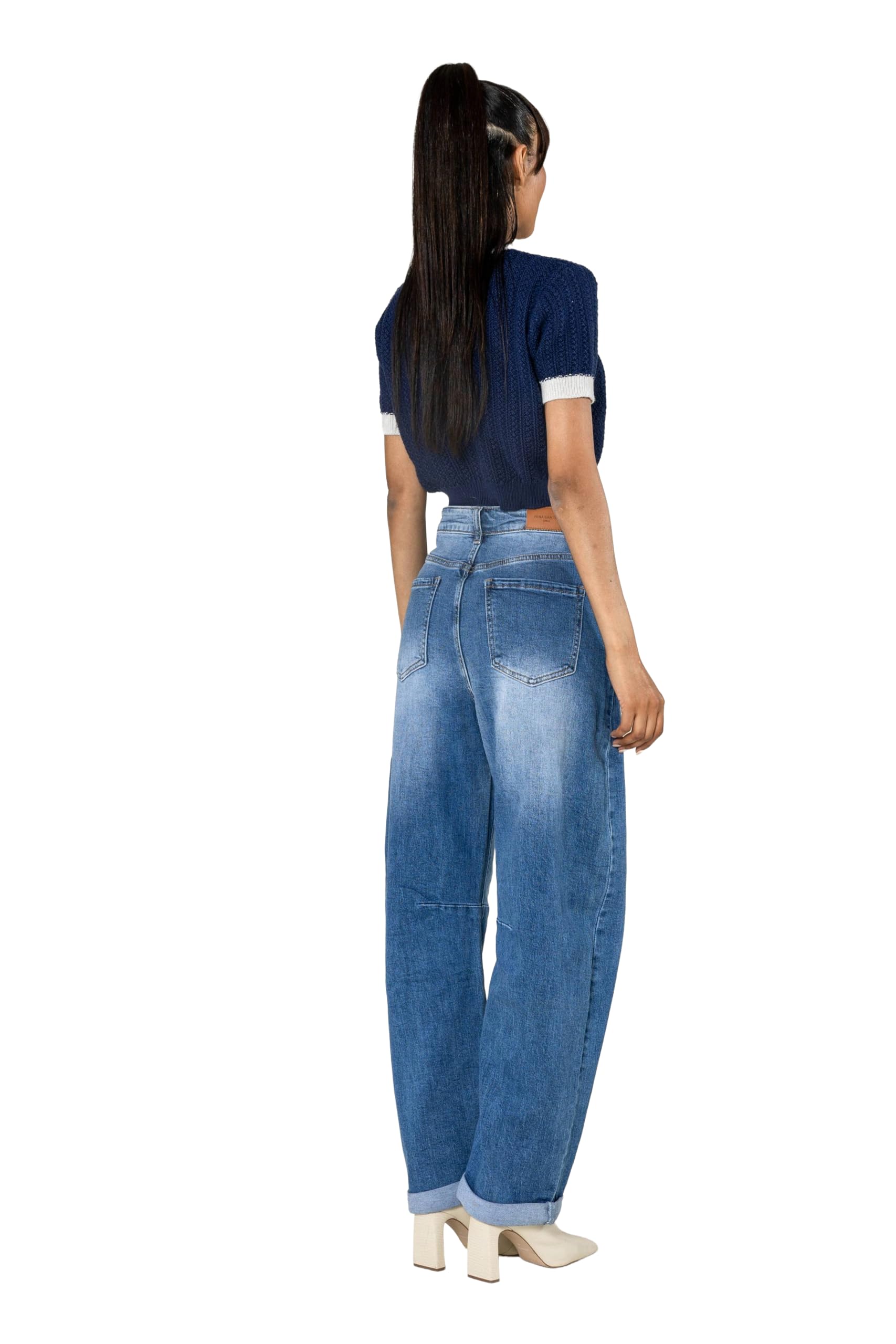 Nina Carter YY307 damskie dżinsy Barrel Fit – High Waist Mom Jeans spodnie ze stretchu denimu, szeroki krój