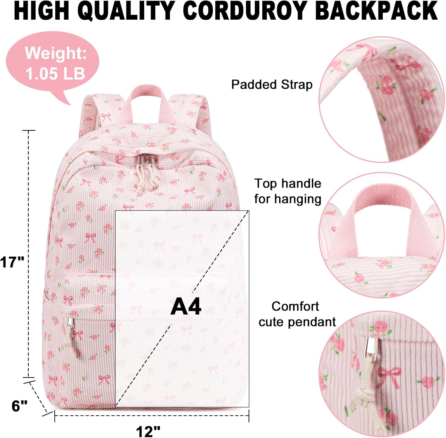 BTOOP School Backpack for Girls Teens Large Corduroy Bookbag Lightweight Casual High School College 17 inch Laptop Travel Bag (Pink Bow Floral-1)