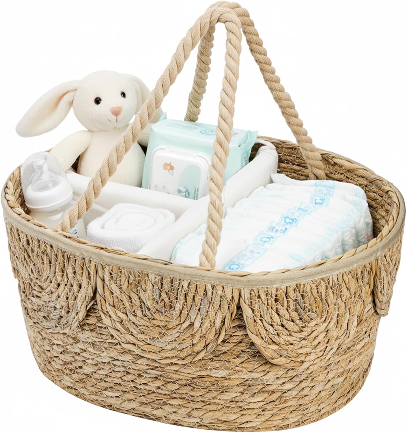 Lawei Little Diaper Caddy Organizer, Handwoven Natural Rush Grass Nursery Baby Basket with Removable Cotton Divider, Portable Rattan Diaper Storage Basket Bin for Changing Table, Baby Shower Gifts