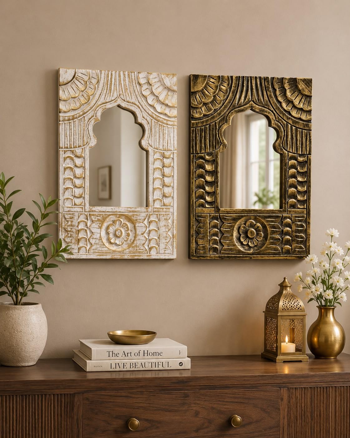 Decorative Wall Mirror with Carved Wooden Jharokha set of 2 Piece | Arch Design, Floral Motif-image-41