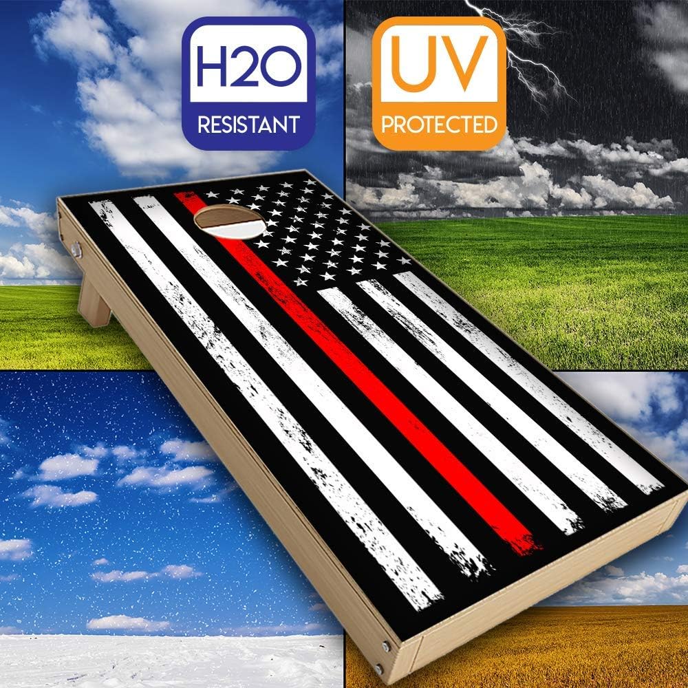 Skin Decals Vinyl Wrap for Cornhole Game Board Bag Toss (4 pcs.) Includes Dry Erase Marker and Scoreboard | Thin Red Line Flag