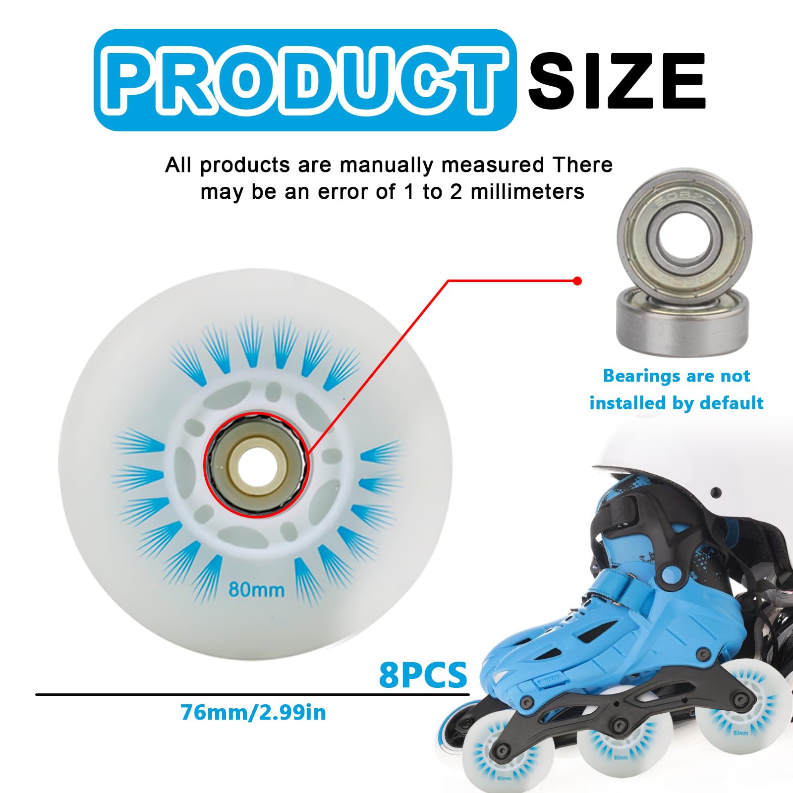 Roues 80mm 82a Abec7 Lot De 8 Roues De Patin à Roulettes 76mm/80mm 82A - Avec Roulements ABEC 7 Roulements Abec 7 Inclus