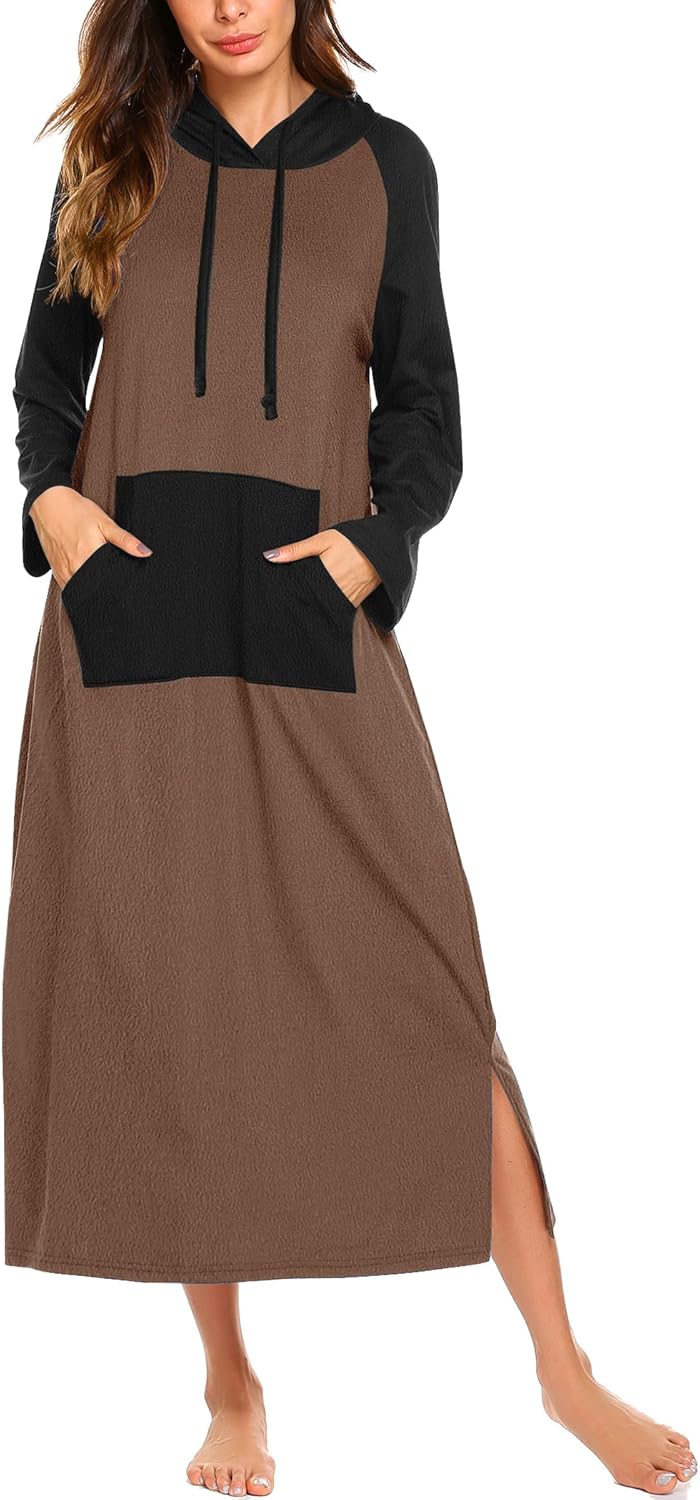 Ekouaer Nightgowns for Women Fleece Nightgown Long Sleeve Sleepwear Hooded Night Gown Long Sleep Shirt with Pocket