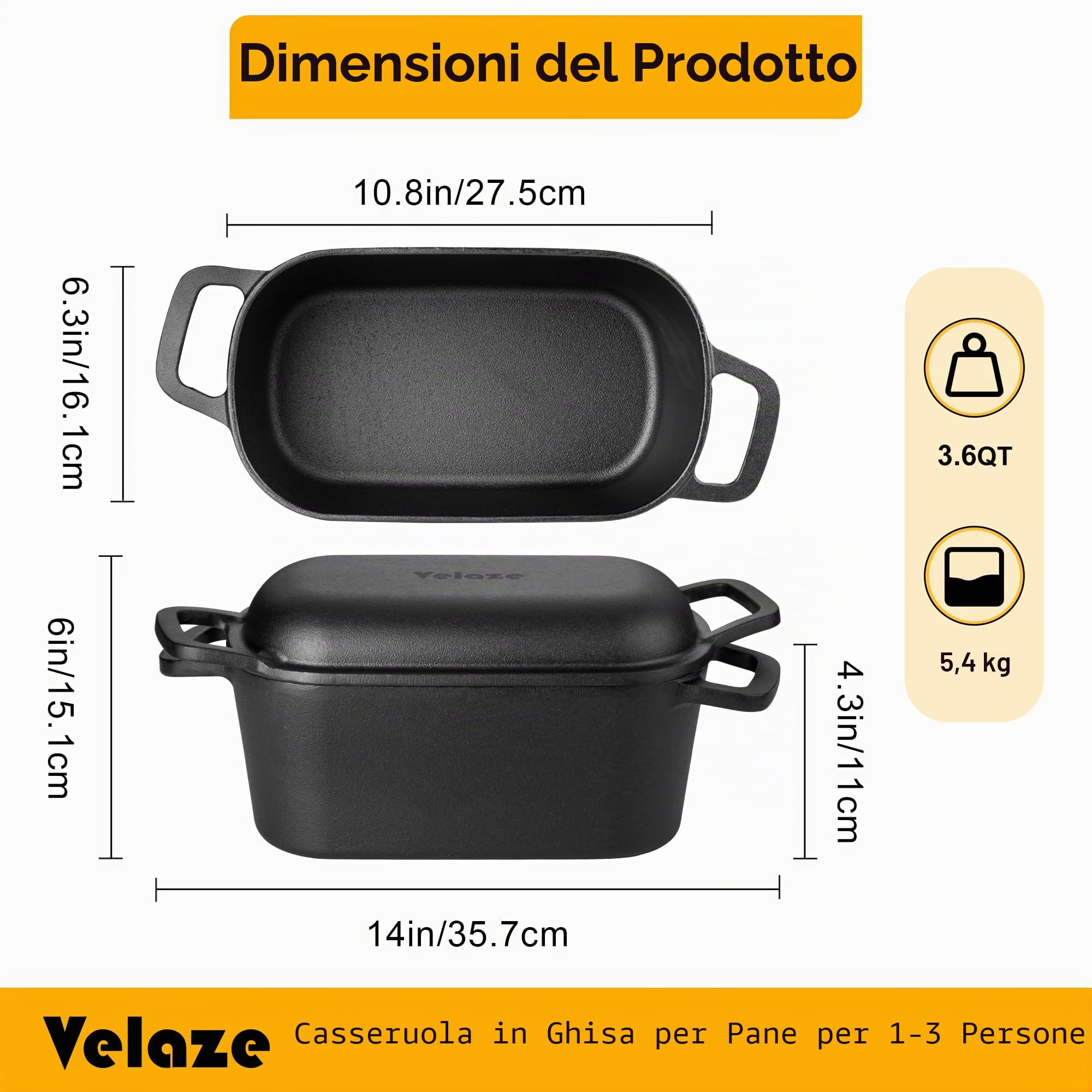 Velaze Pentola in Ghisa per Pane 3.4L - Casseruola in Ghisa Smaltata Rettangolare 27x15cm con Coperchio, Interno Crema Antiaderente - Forno Olandese per Cuocere il Pane e Arrosti, Adatta Induzione