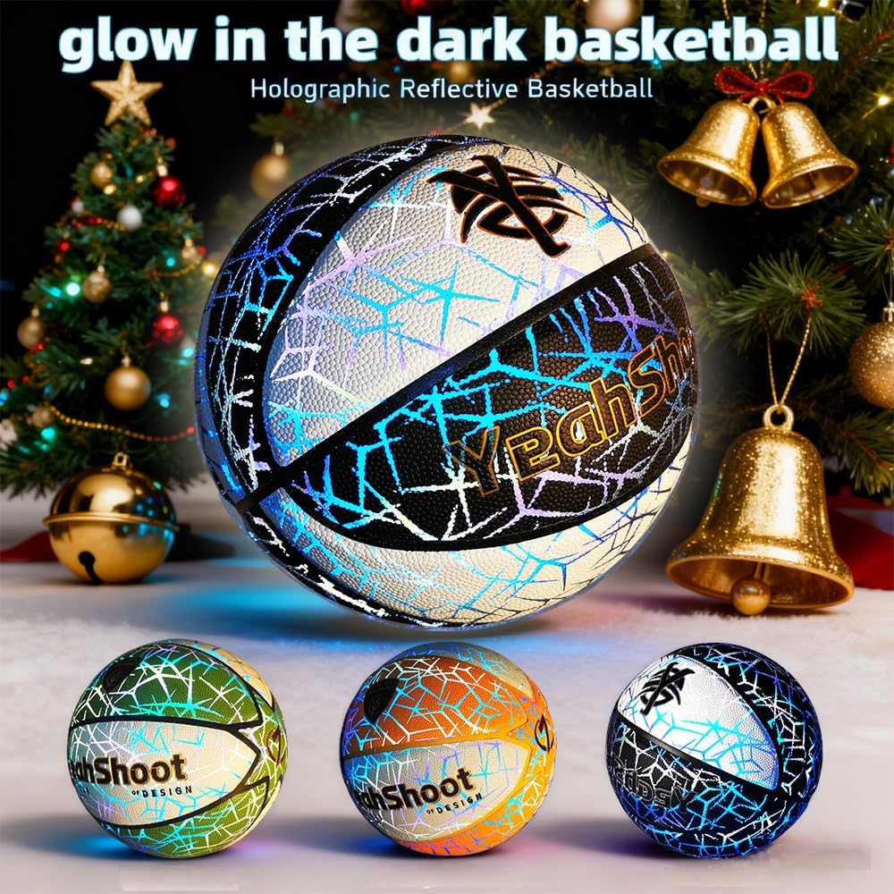 Glow in The Dark Basketball - Holographic Glow Light Up Luminous Basketball for Outdoor Training & Night Games A Great Gift for Enthusiasts with Free Air Pump