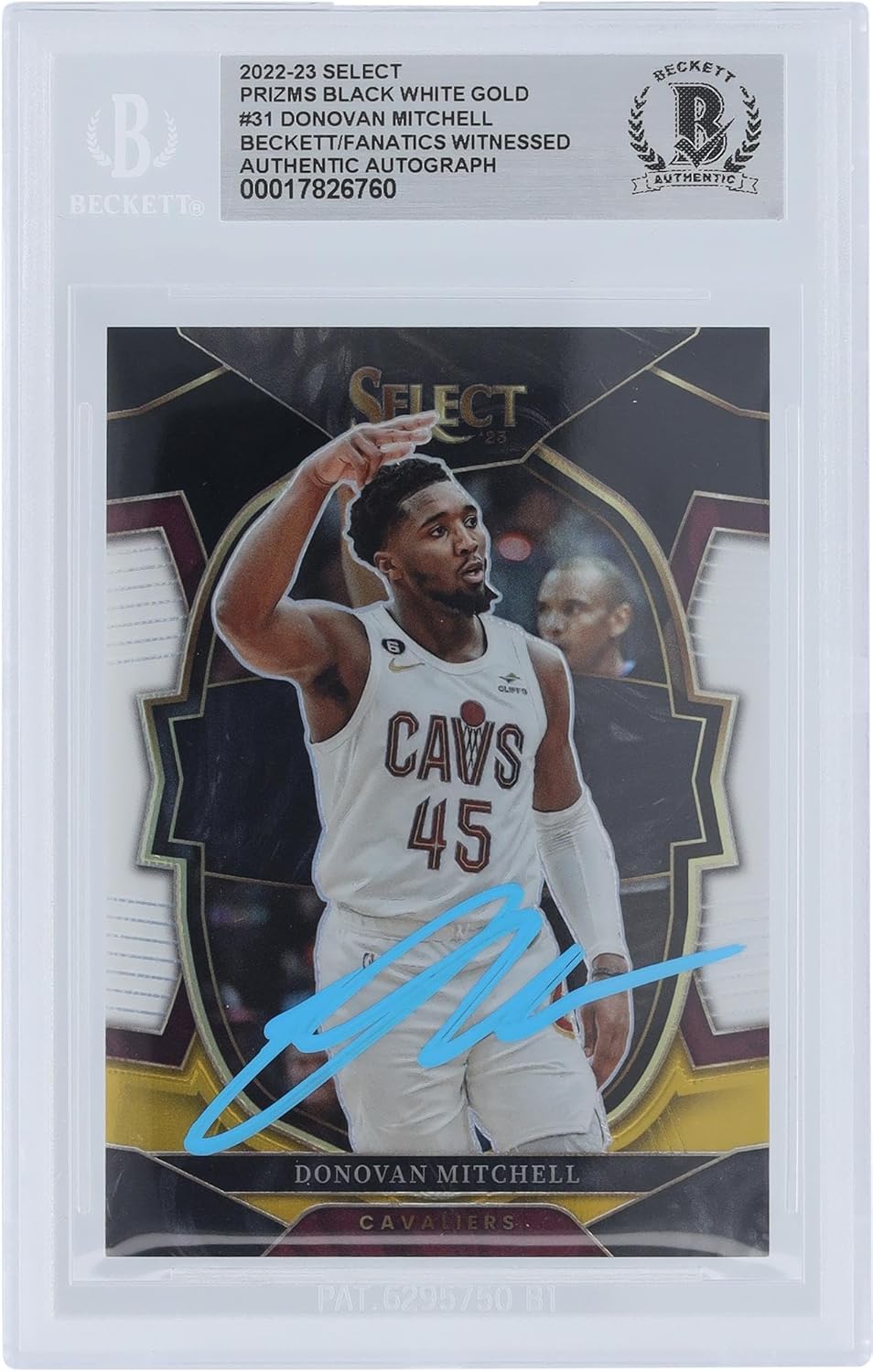 Donovan Mitchell Cleveland Cavaliers Autographed 2022-23 Panini Select White & Gold Prizm Light Blue Ink #31#1/1 Beckett Fanatics Witnessed Authenticated Card - Basketball Autographed Cards
