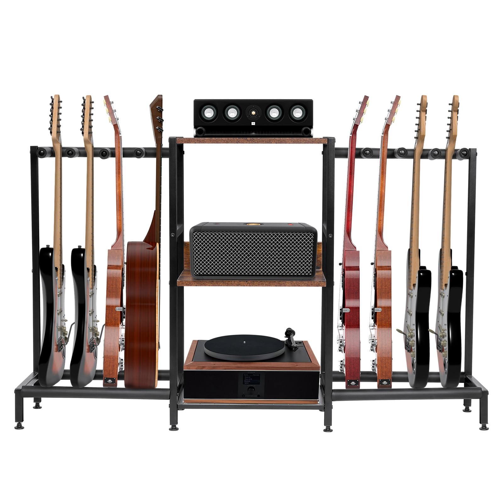 Nisorpa Gitarrenständer mit Ablagefach, Holz, Multi-Gitarrenständer für Akustik-Bass, E-Gitarre, 28 x 128 x 73 cm, Schwarz und Kaffeebraun