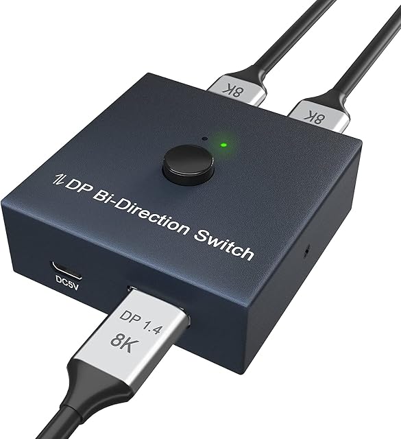 DisplayPort Switch DP 1.4, Bidirectional Displayport Splitter 8K@60Hz, 4K@120Hz, 2K@144Hz, 1080P@240Hz, 3D, DP Switcher 1 in 2 out/2 in 1 out with LED Indicator for PC Laptop Monitor Projector TV