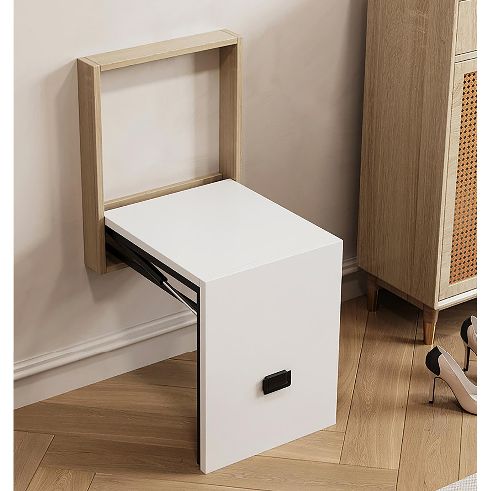 STUIJKVSZ Wall Mounted Entryway Shoe Bench Seat, Wood Folding Chair Invisible Shoe Changing, Space Saving Bathroom Seating, Fold Down and Up Shoe Bench on The Wall(31x28x39cm(12x11x16in), White1)