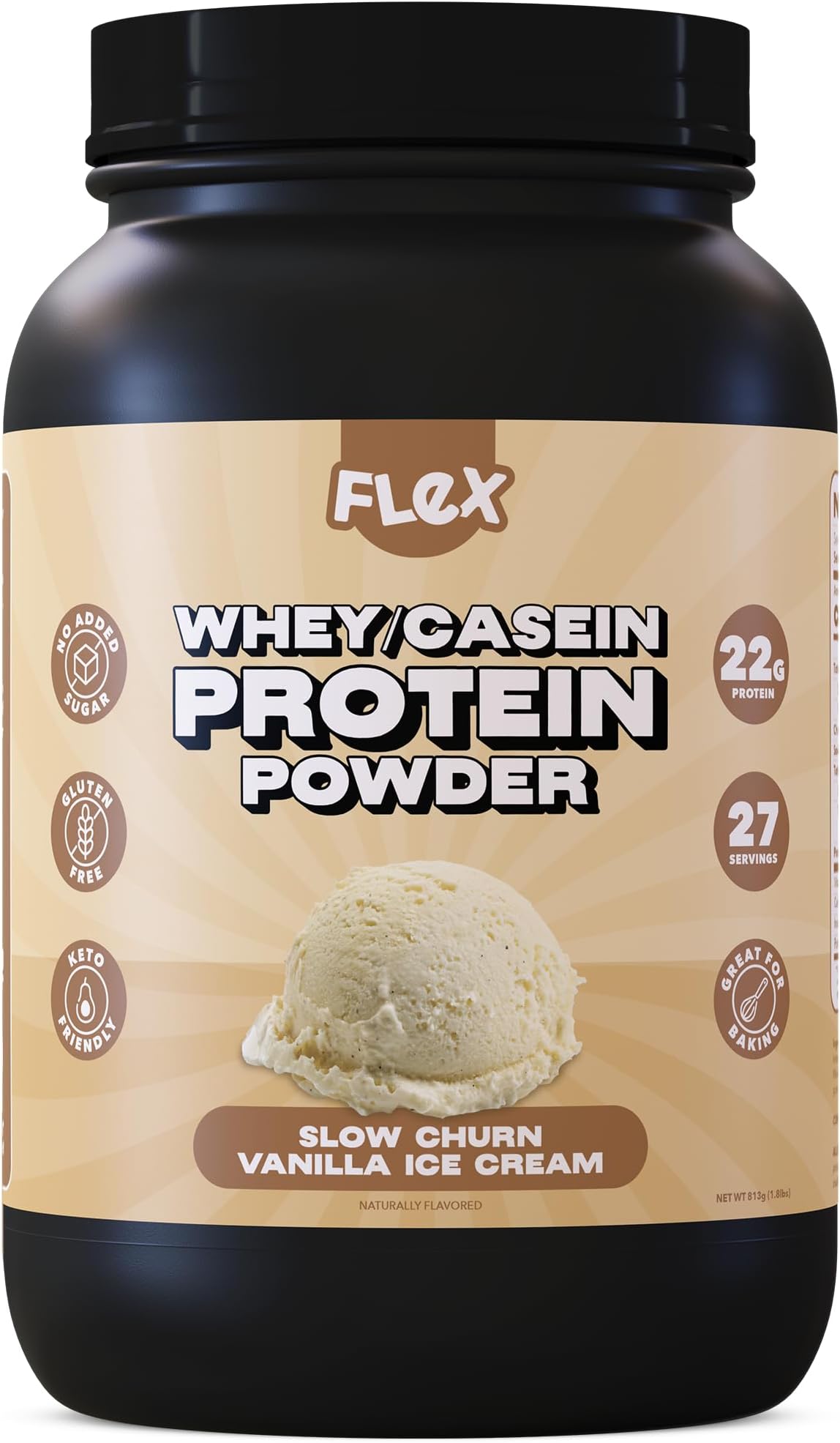 Flex Whey Protein Powder, Slow Churn Vanilla Ice Cream | Low Net Carbs, Gluten Free, No Sugar Added | 1.8 Lb - 27 Servings
