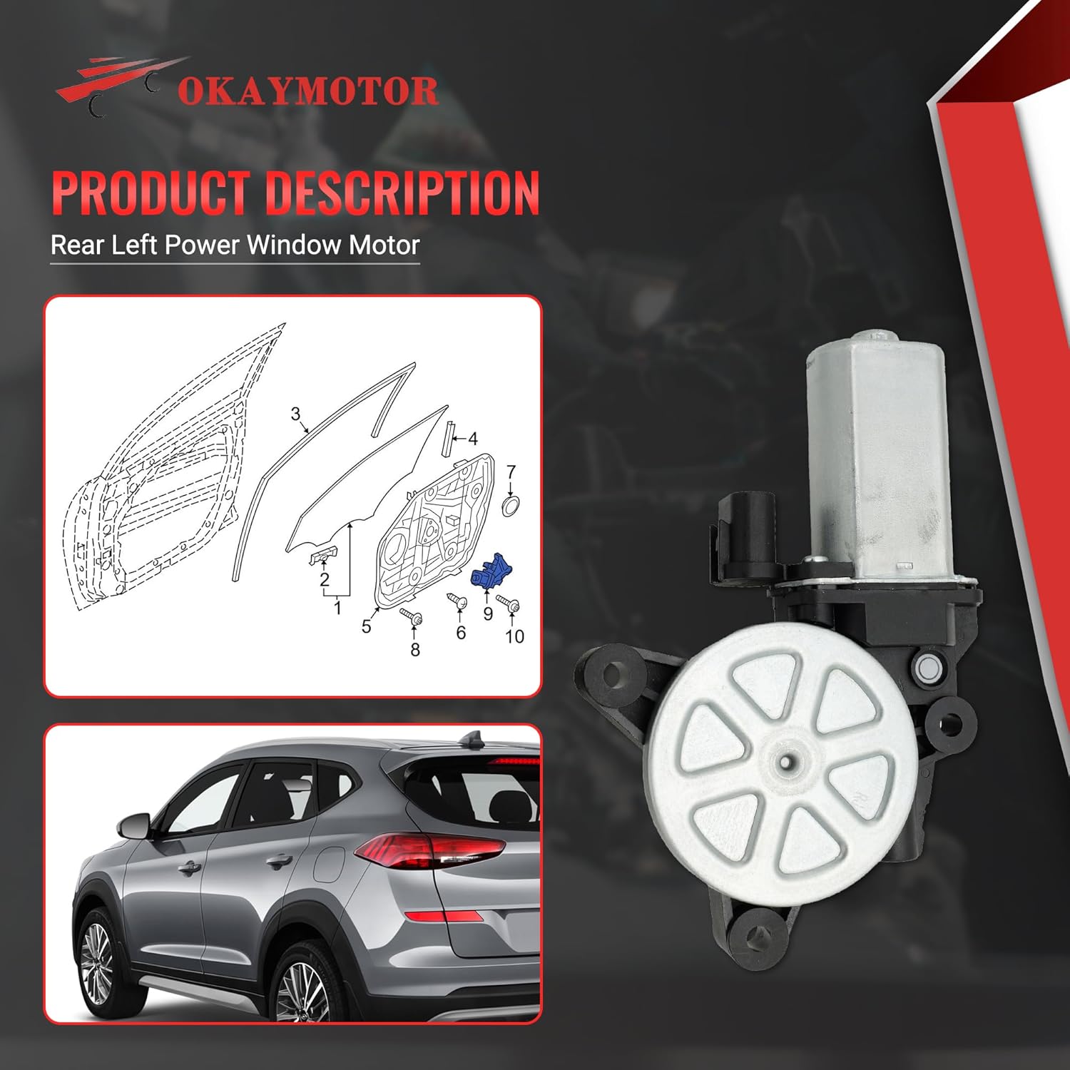 OKAY MOTOR Rear Left Power Window Motor for 2016-2021 Hyundai Tucson 83450-D3000 83450D3000