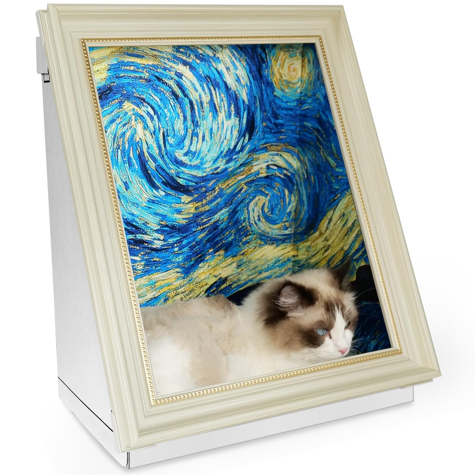 Mona Lisa Cat Bed Painting Cat Scratcher Bed CartBoard Cat House Beds for Indoor Cats Half-Surround Design W/Horizontal Cat Scratcher Scratching Board