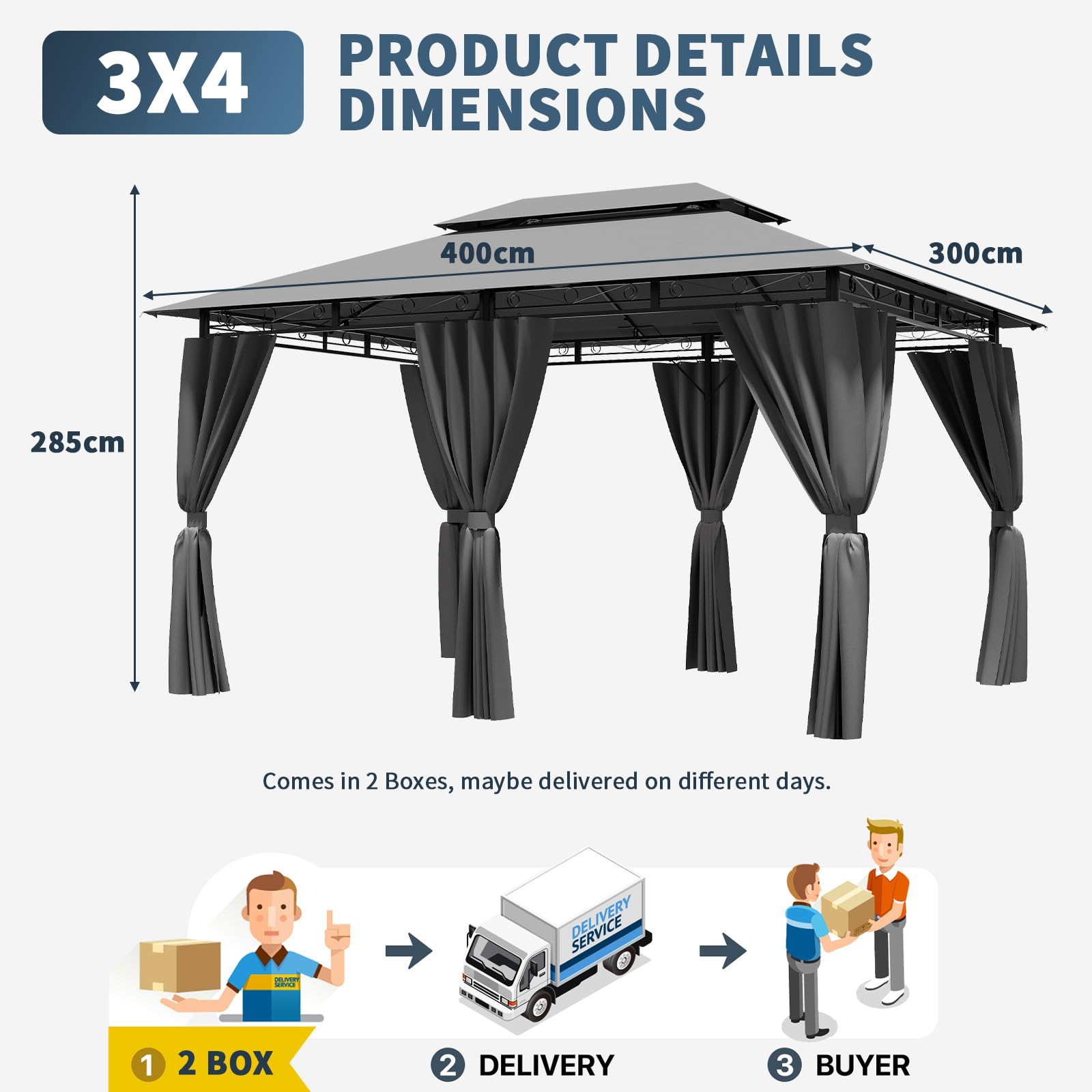 JUMMICO Gazebo 3x4 Impermeabile, Struttura in Metallo Robusta e Durevole, Tetto Doppio Strato Lusso Resistente a Vento, Pioggia e Raggi UV per Feste e Ricevimenti da 4 a 8 Persone
