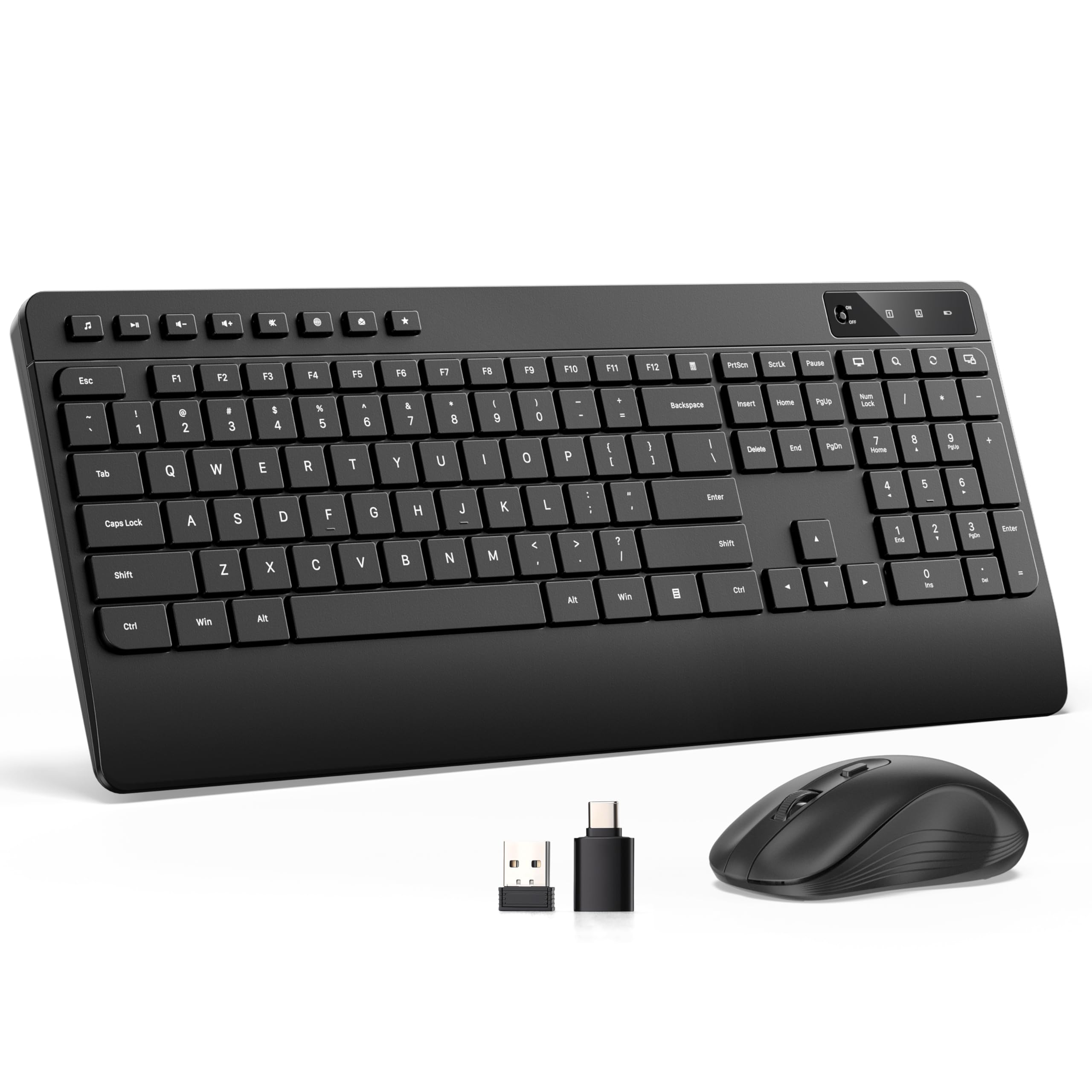 Combo de teclado y mouse inalámbricos, escritura silenciosa y clics silenciosos, reposamuñecas ergonómico de tamaño completo, Plug and Play de 2.4 GHz, teclas de acceso rápido multimedia, mouse DPI de