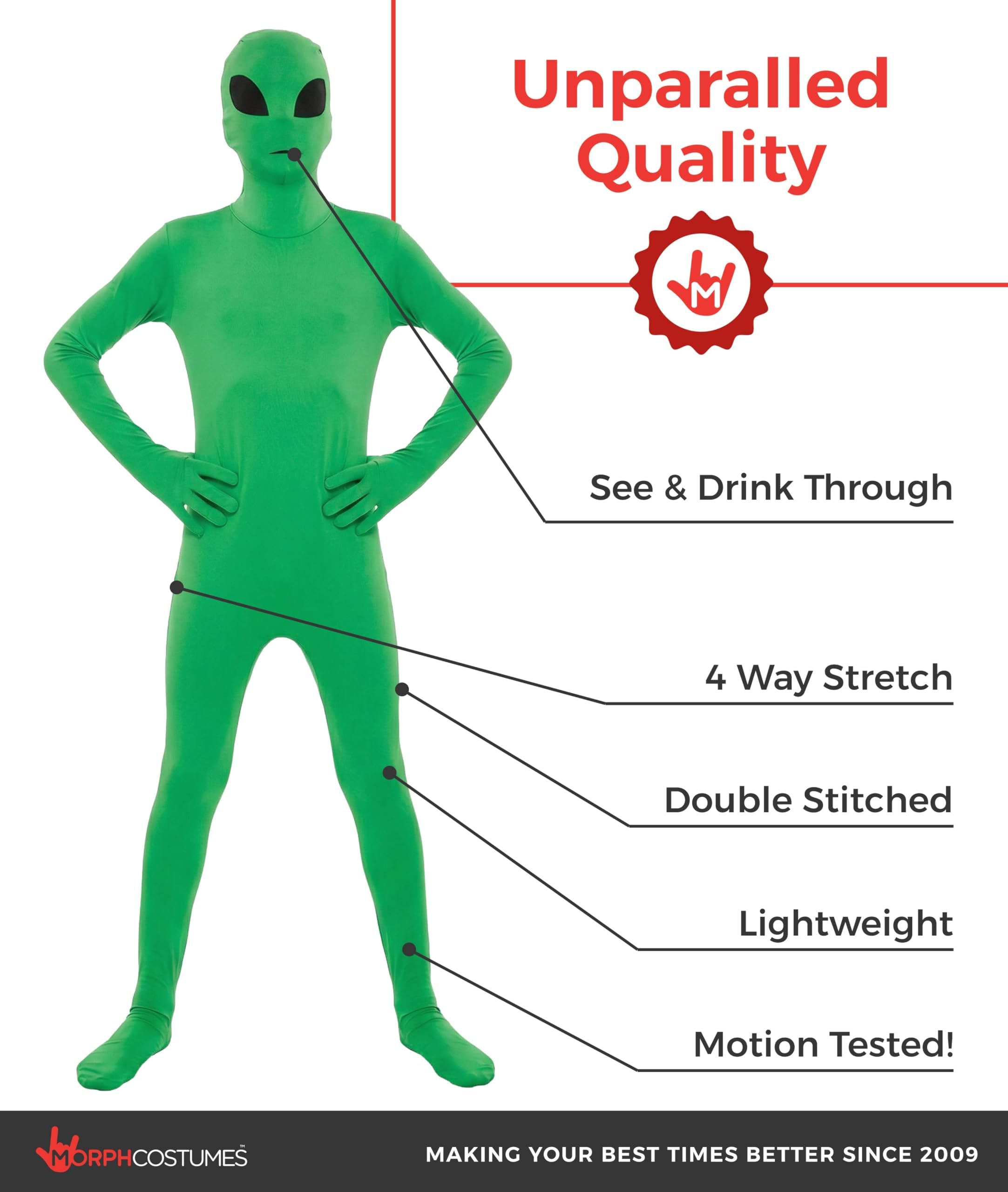 Morphsuits Przebranie Kosmity dla Dzieci - Zielony Kombinezon z Fluorescencyjnymi Detalami, Halloween, XL