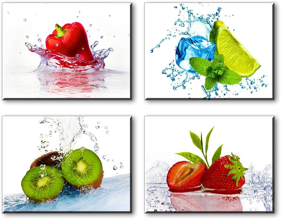 Kitchen Pictures Wall Decor, 4 Piece Set Colorful Fruits and Ices Canvas Wall Art, Cool Summer Canvas Prints for Dining Room (Water Proof Artwork, Bracket Mounted Ready Hanging, 1" Thick)