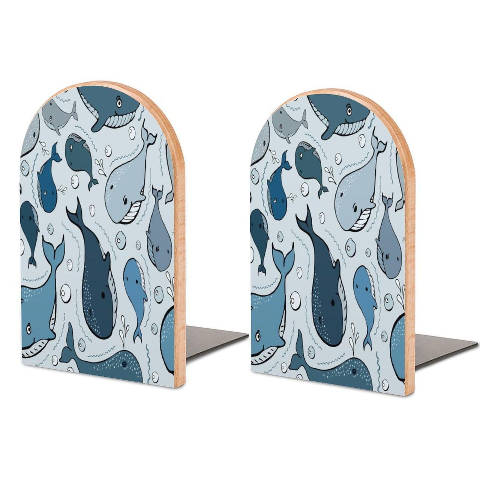 Seamless Pattern Doodle Whale Vector Illustration Beech Wood Bookends Heavy Duty Book Organizers Desktop File Holder for Office Home Bookshelf