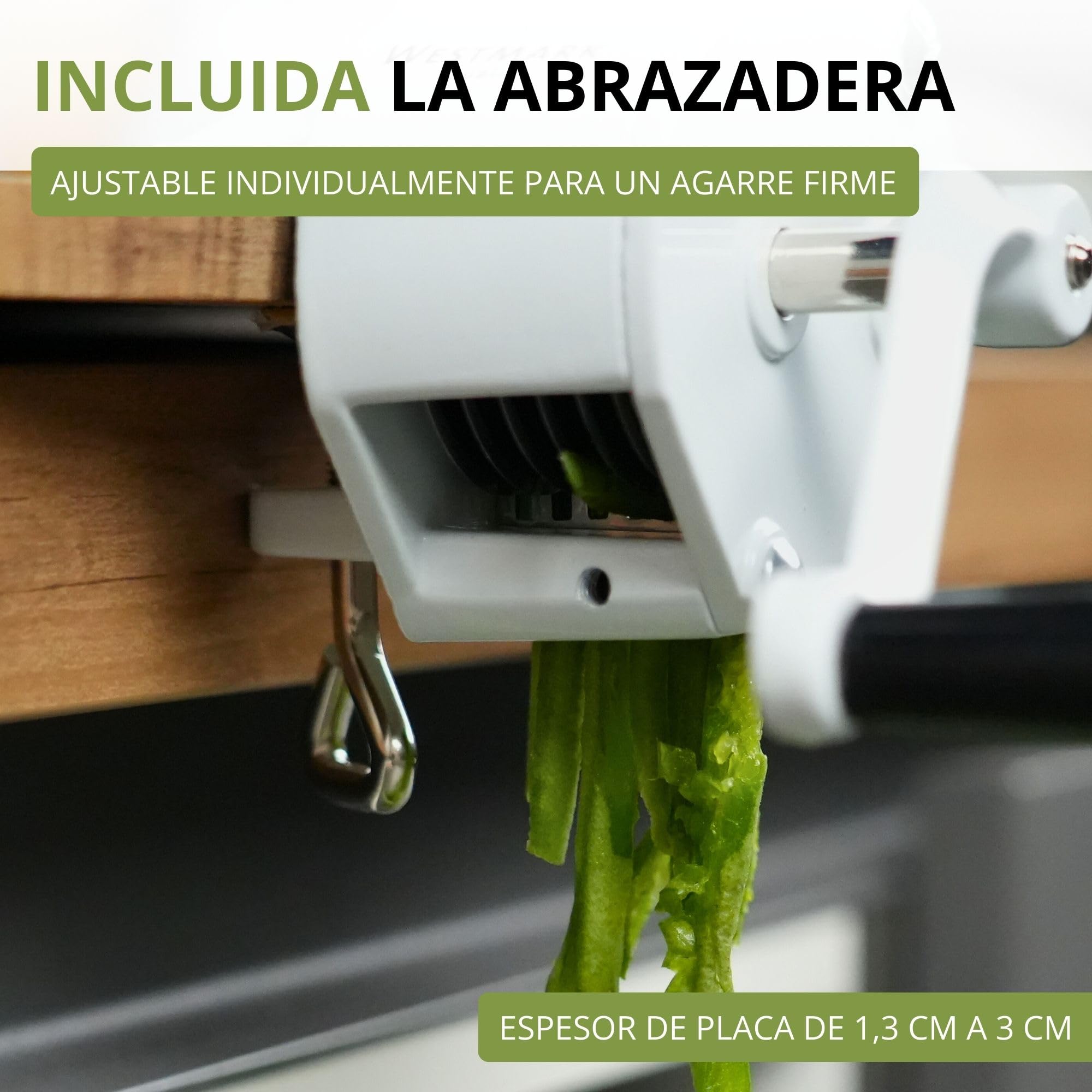 Westmark Mandolina para judías con gran abertura de corte y abrazadera de tornillo para el montaje en la mesa, Cuchillas de acero inoxidable/carcasa de acero, Blanco, 11862260