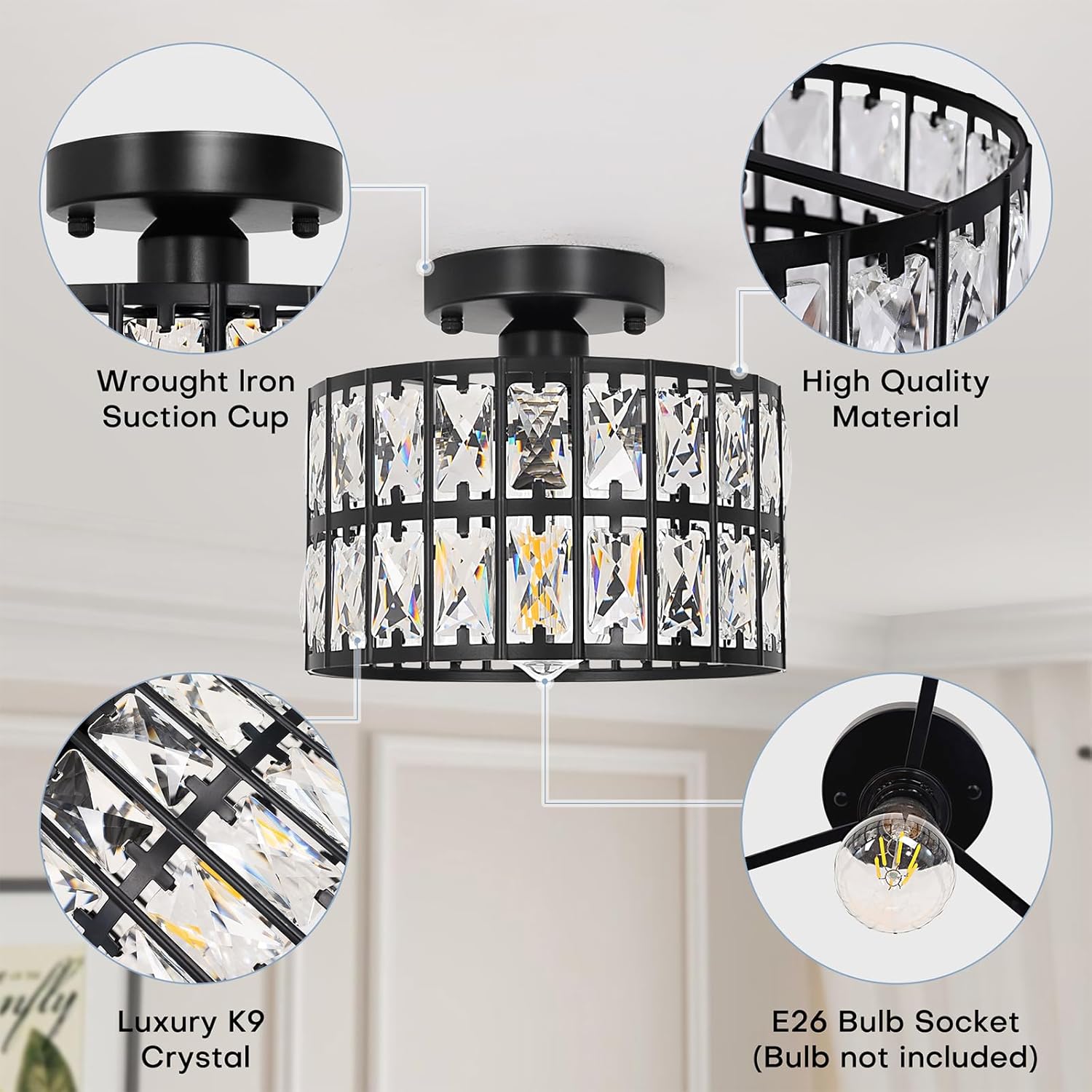 9 Inch Crystal Ceiling Light with Dimmable Options, Modern Flush Mount Chandelier for Low Ceiling, Crystal Light Fixture for Kitchen, Bedroom, Bathroom, Entryway, Hallway, Closet (Black)