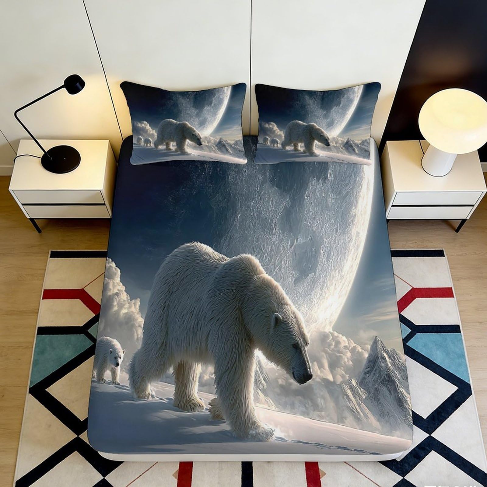 3D Printed Polar Bear Arctic Landscape Fitted Sheet Microfiber Soft Bedroom Bed Cover Washable Non-slip Decor 90x200x25cm