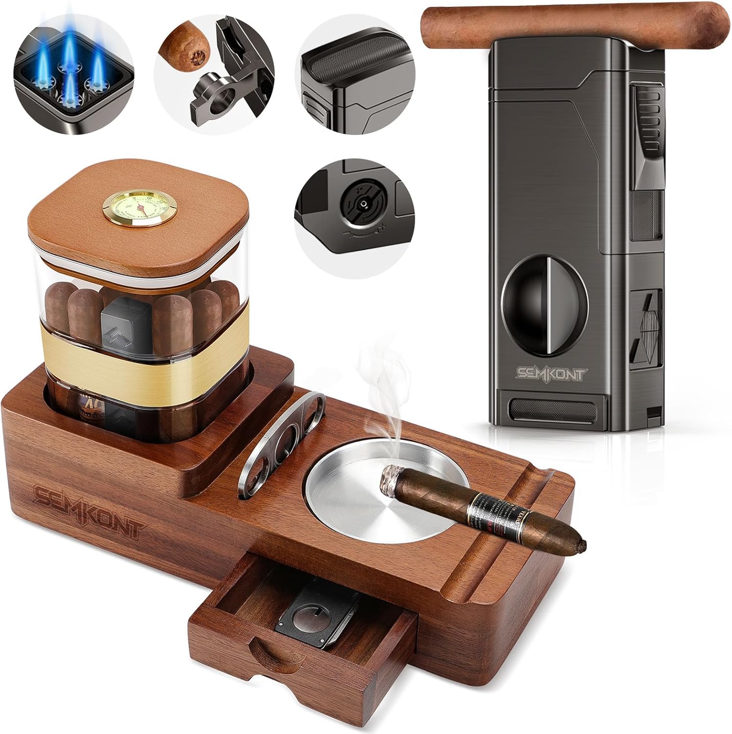 Cigar Humidor and Cigar Ashtray, Wooden Ashtray with Cigar Jar Tray and Cigar Cutter,4 Jet Flame Refillable Butane Lighter with V Cut Cigar Cutter,Cigar Punch,Cigar Holder and Draw Enhancer