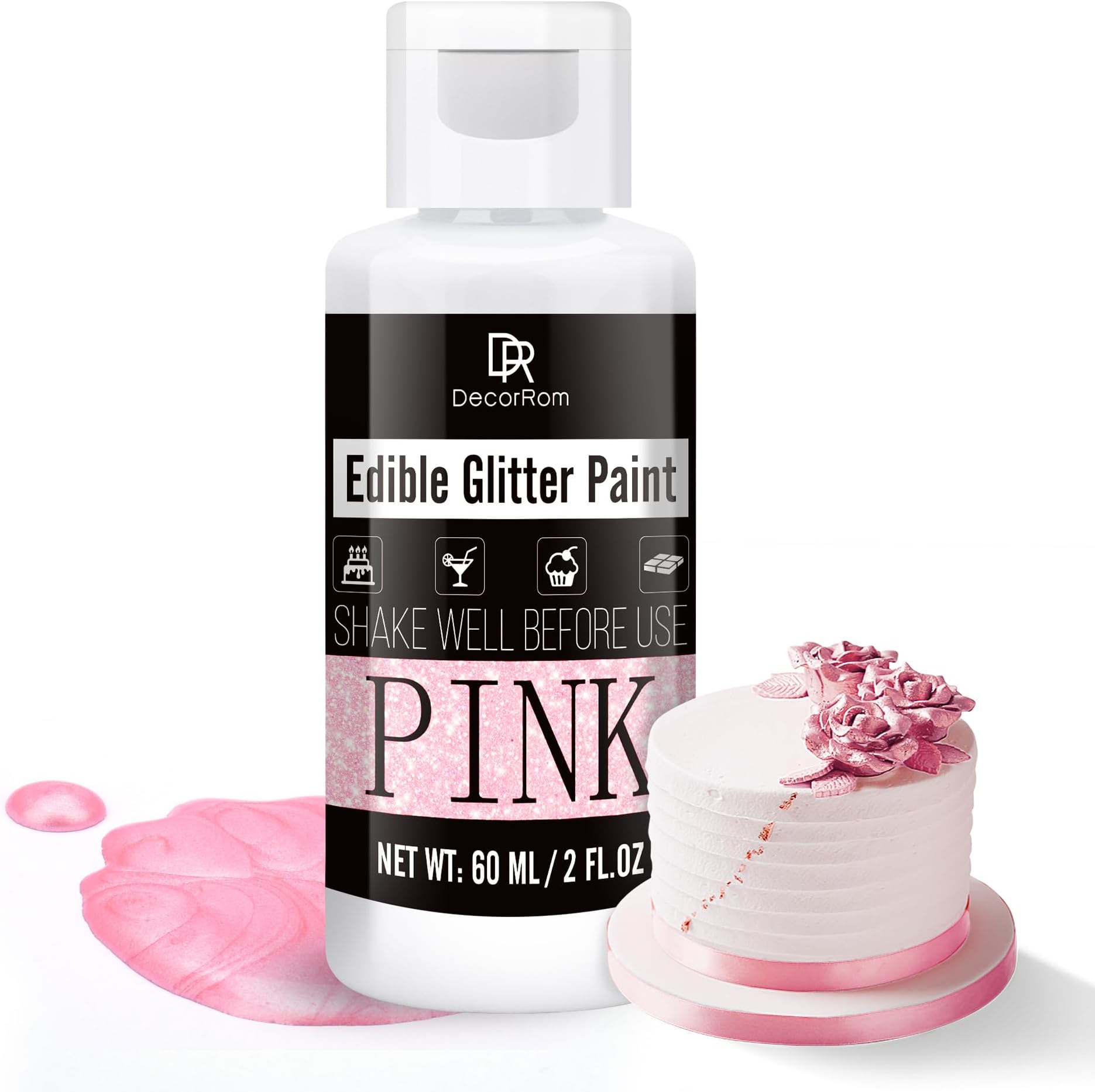 Edible Glitter Paint - 2 fl.oz Metallic Edible Cake Paint for Cake Decorating, Baking, Cupcakes, Candy - Food Grade Shimmer Art Decorative Paint Liquid Luster Dust for DIY Cookie, Fondant (Pink)