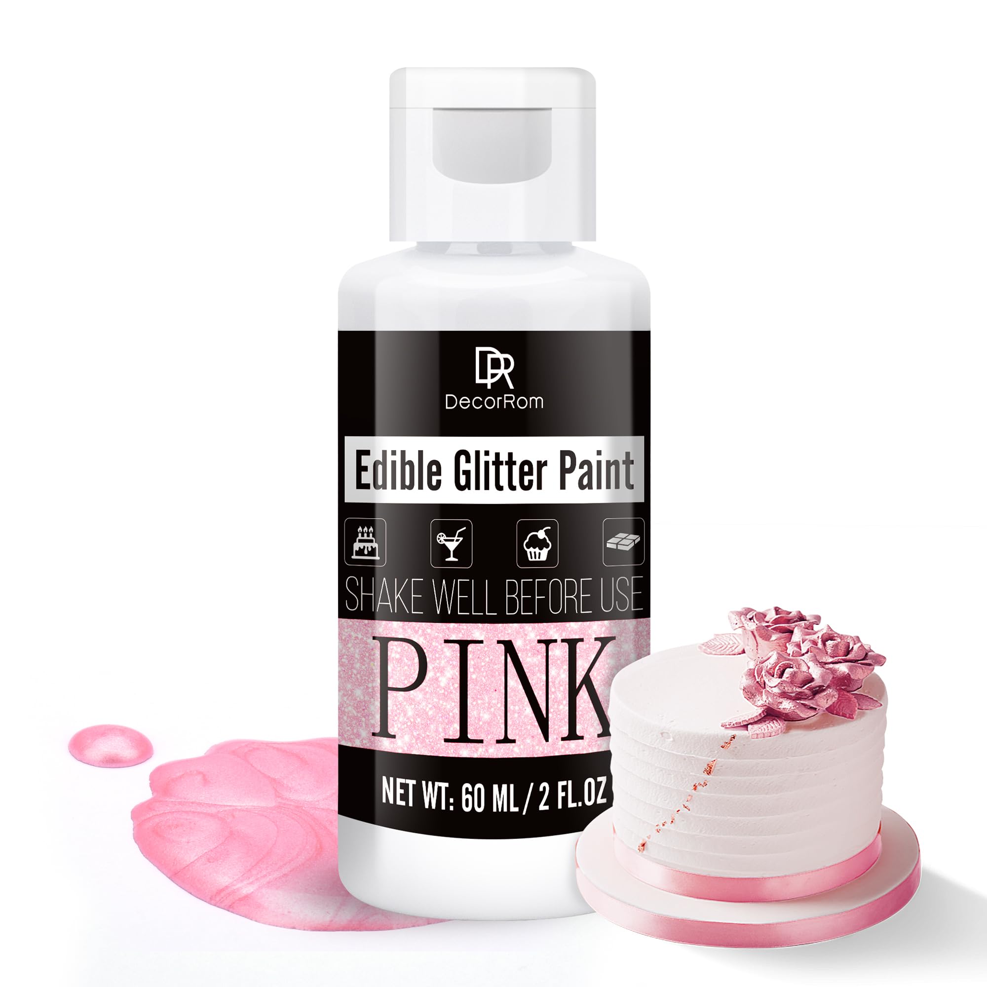 Edible Glitter Paint - 2 fl.oz Metallic Edible Cake Paint for Cake Decorating, Baking, Cupcakes, Candy - Food Grade Shimmer Art Decorative Paint Liquid Luster Dust for DIY Cookie, Fondant (Pink)
