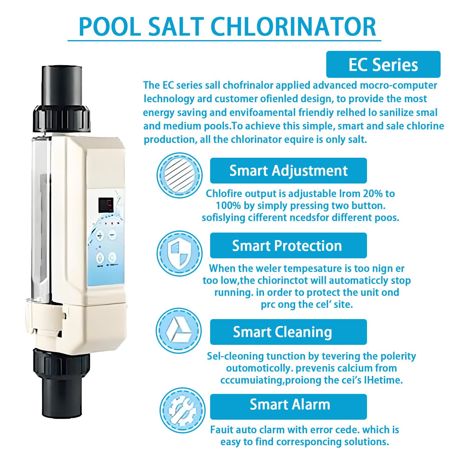 Célula para clorador salino y Dispositivo de cloración por electrólisis; diseño con Estructura Desmontable, Indicadores de Niveles de Sal (Alto/bajo) y función de Alarma de fallo. 20g/H