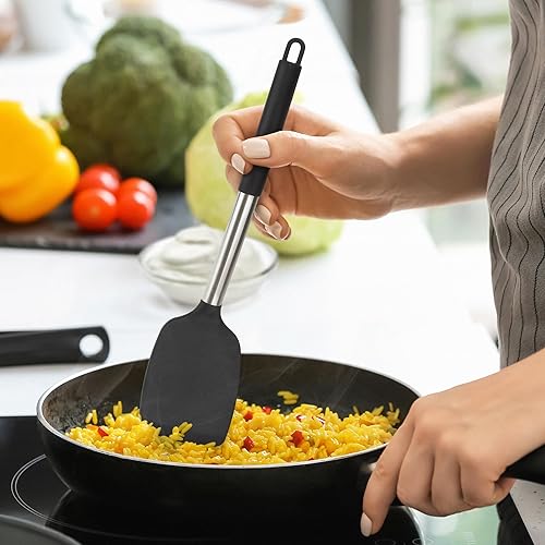 Miniatura 8 de Juego de 4 utensilios de silicona, espátulas sólidas antiadherentes, cucharas ranuradas azules resistentes al calor con mango de acero inoxidable,