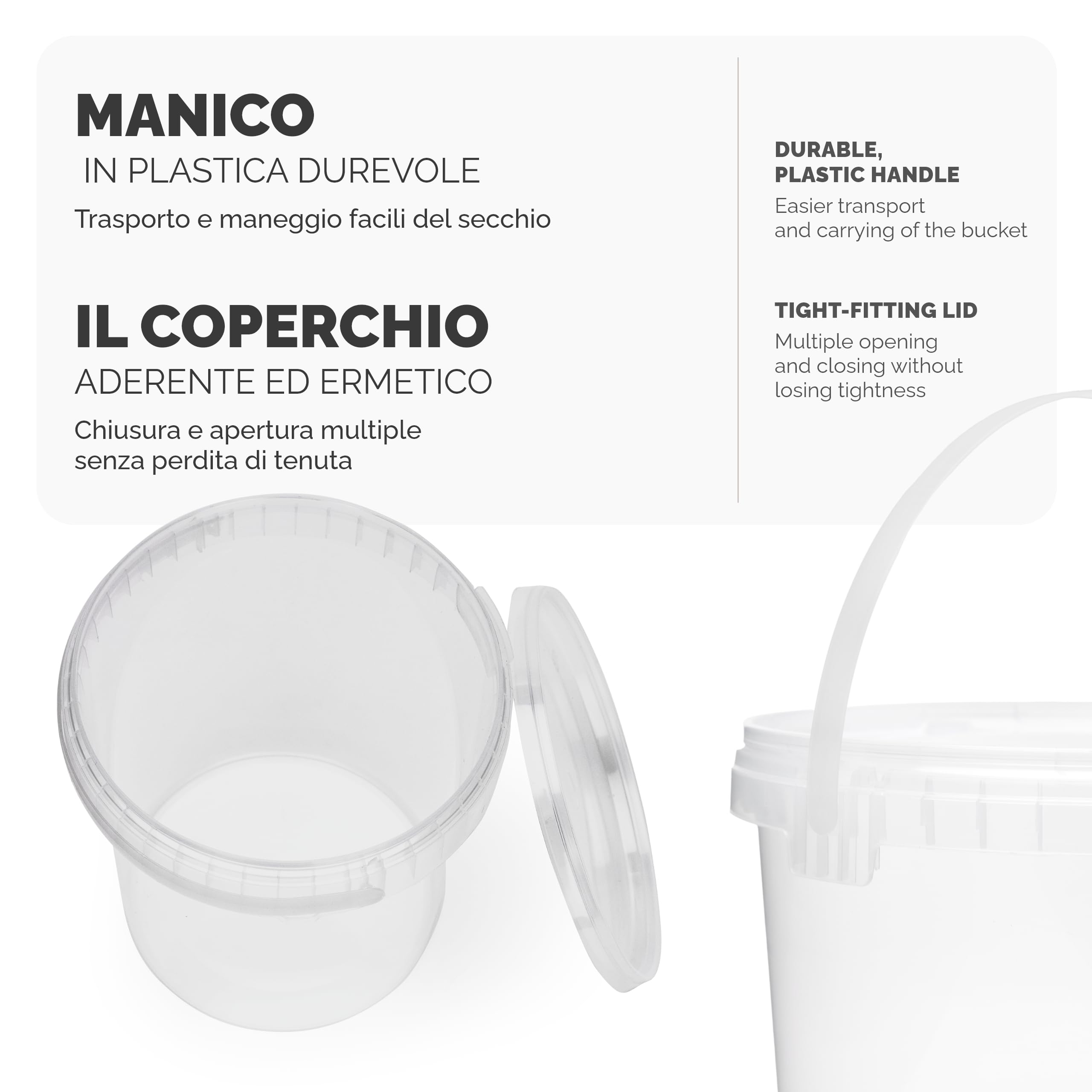 Secchi Con Coperchio 1L - 10 Pezzi Trasparenti | Per Alimenti E Chimici | Polipropilene