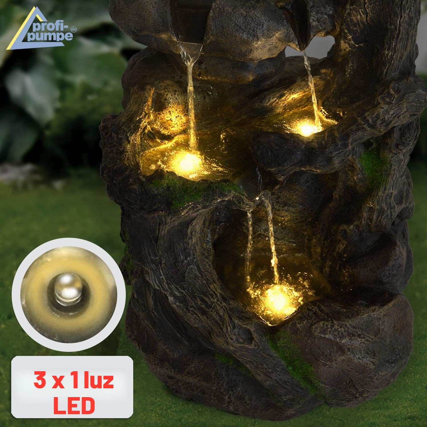 Fuente de Agua Fuente en Cascada Fuente Ornamental Raiz de arbol Fuente de Fuente de Jardin para Jardin, terraza, Balcon con Bomba de Agua y luz LED
