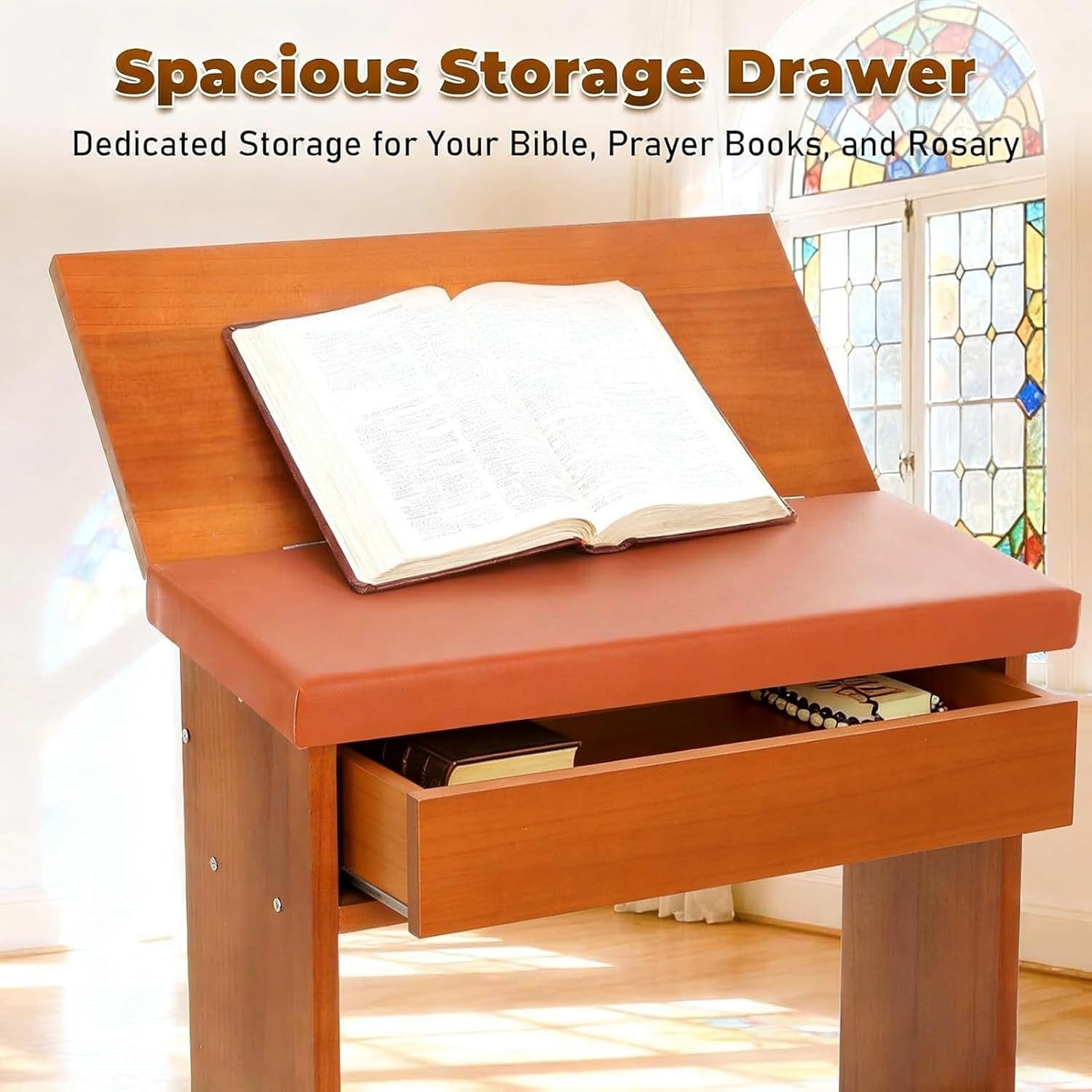 HOFSSI Solid Wood Prayer Bench Stool with Shelf and Cushion, Height-Adjustable Church Prayer Bench Table Chair Padded Kneeler for Kneeling at Home, Religious Gifts