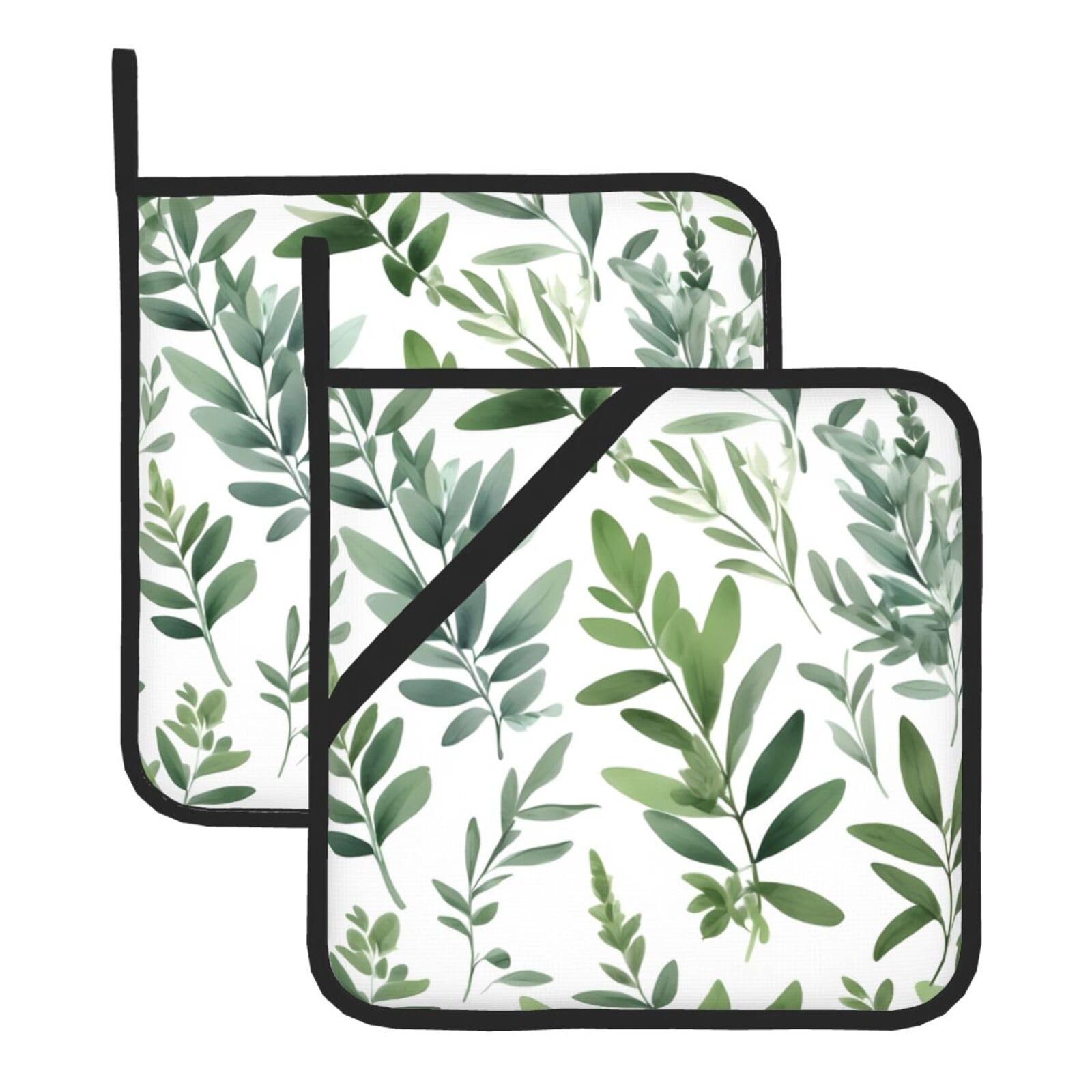 HJFCZH Green Flowers and Branches Printed Square Insulated Pot Mat Set (2-Piece) 8x8in Waterproof, Thickened & Easy to Clean with Lanyard Design for Kitchen, Oven & BBQ