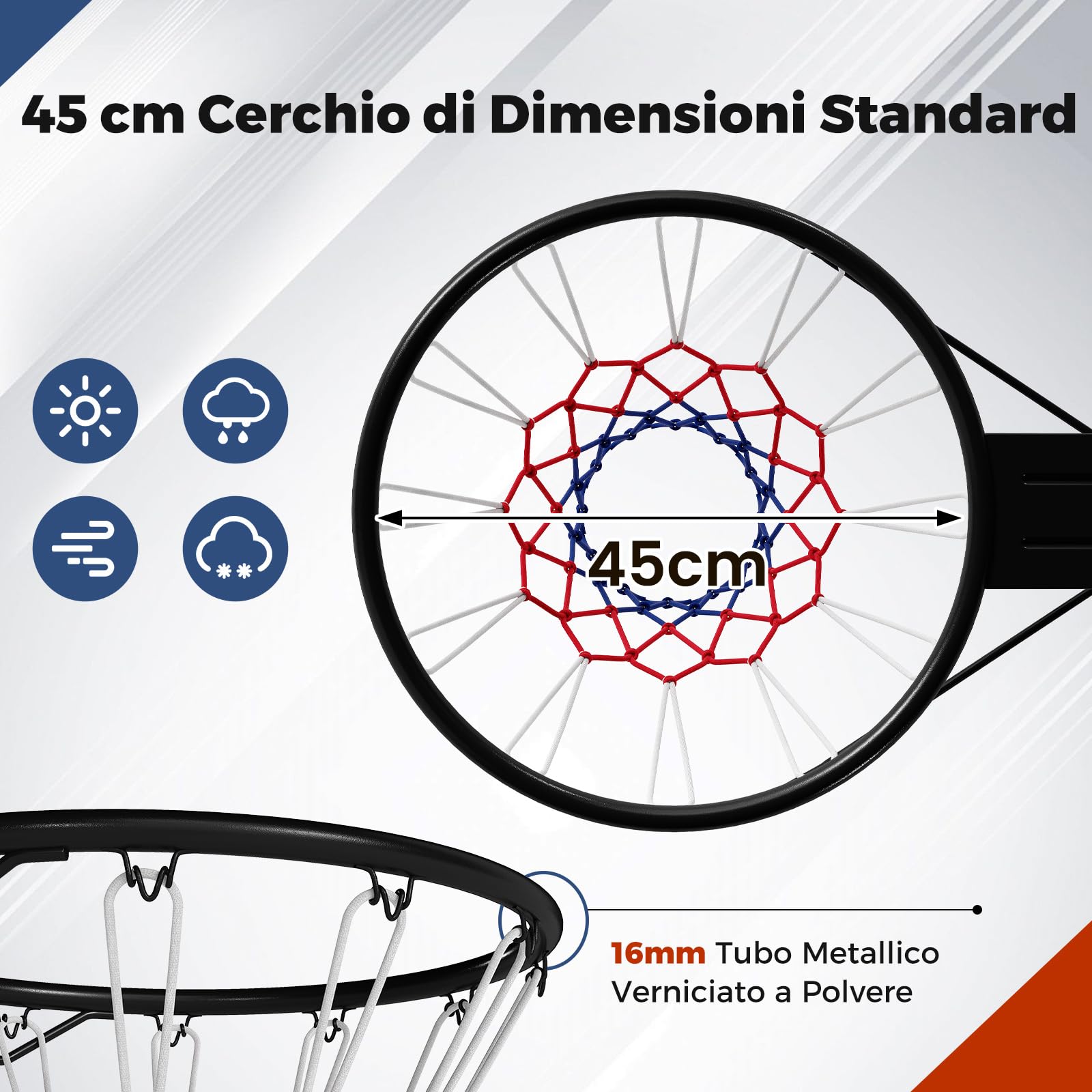 COSTWAY Canestro da Basket da Parete 45 cm, Anello da Pallacanestro da Muro con Doppie Molle e Rete per Tutte Le Stagioni, Cerchio Universale per Canestri da Interno ed Esterno