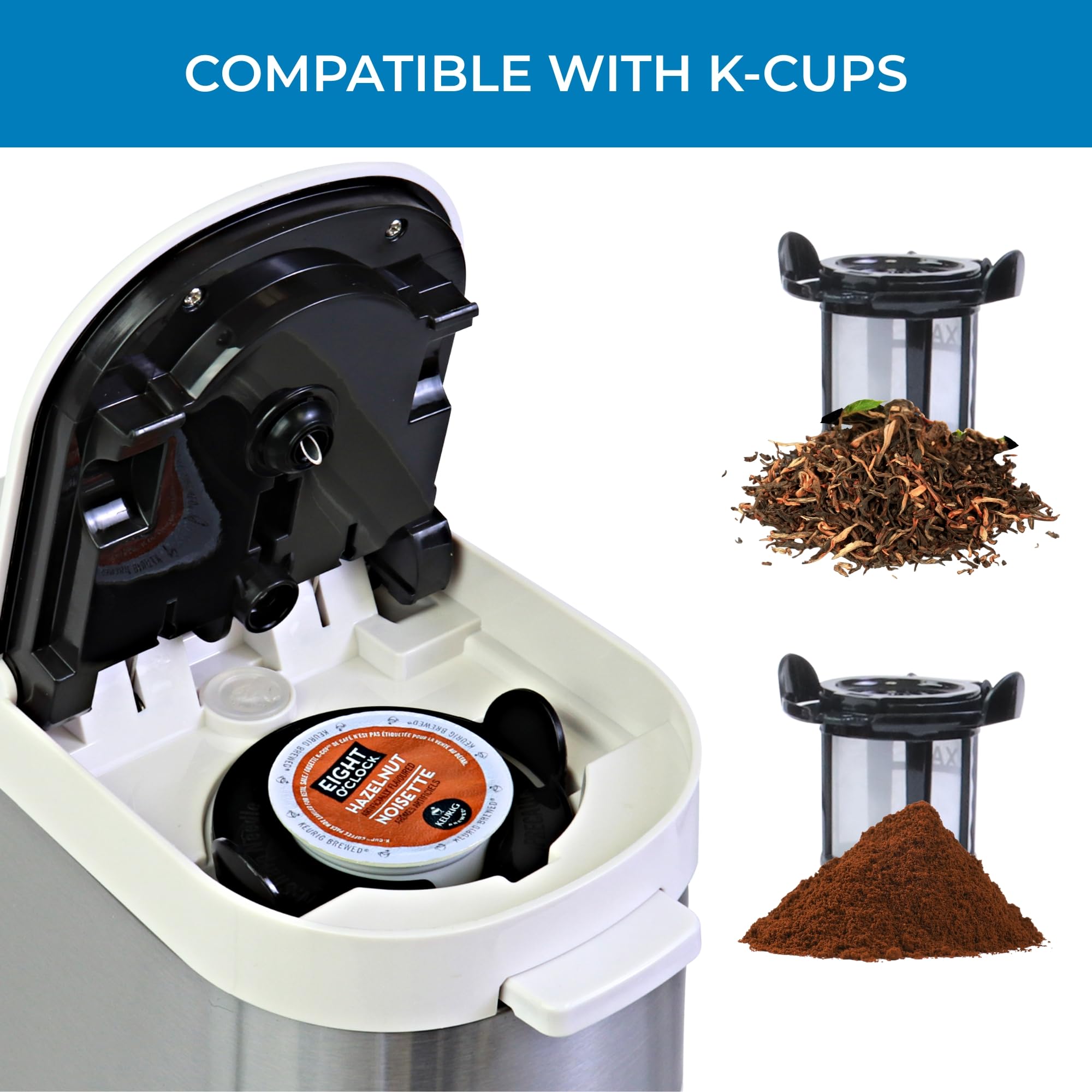 Koolatron Kenmore - Cafetera de una sola porción y taza de viaje de acero inoxidable, cápsula/cápsula y café molido, compatible con K Cup, máquina de café caliente y helado, tamaños de preparación de