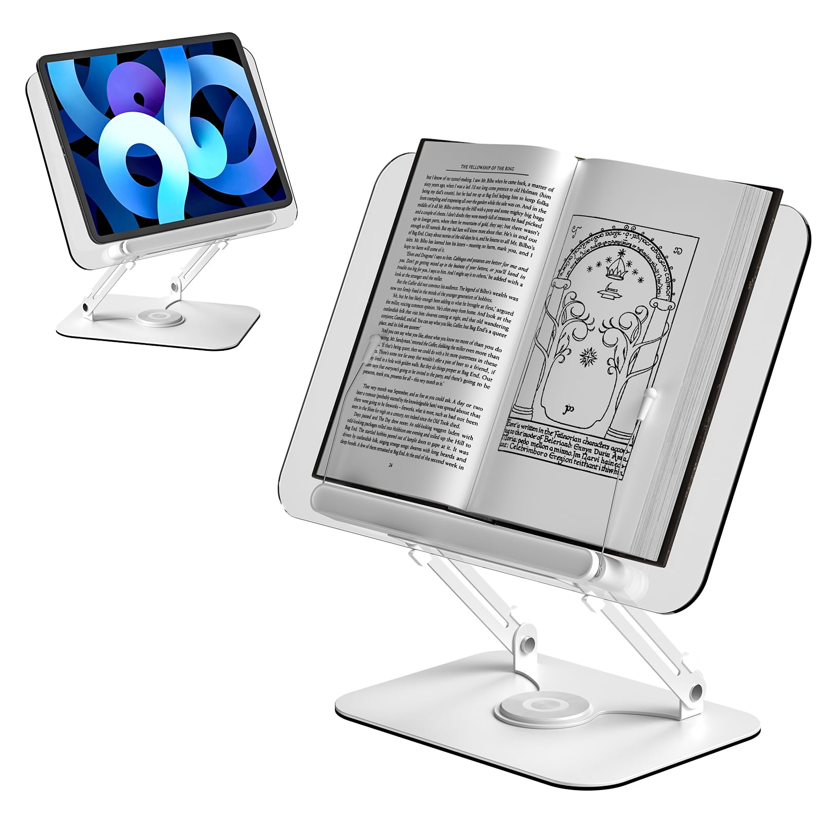 Acrylic Book Stand for Reading, Adjustable Holder with Page Clips, Foldable Desktop Ricer for displaying Cookbook, Sheet Music,Laptop,Recipe,Textbook,Hands Free,Aluminium