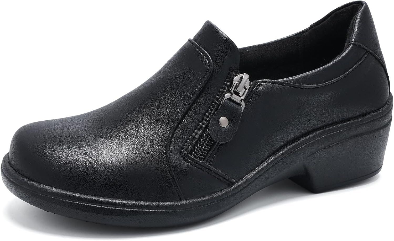 Loafers for Women, Comfortable Slip On Work Shoes with Side Zipper, Low Block Heel Non Slip Casual Dress Shoes for Nurse, Office, Walking