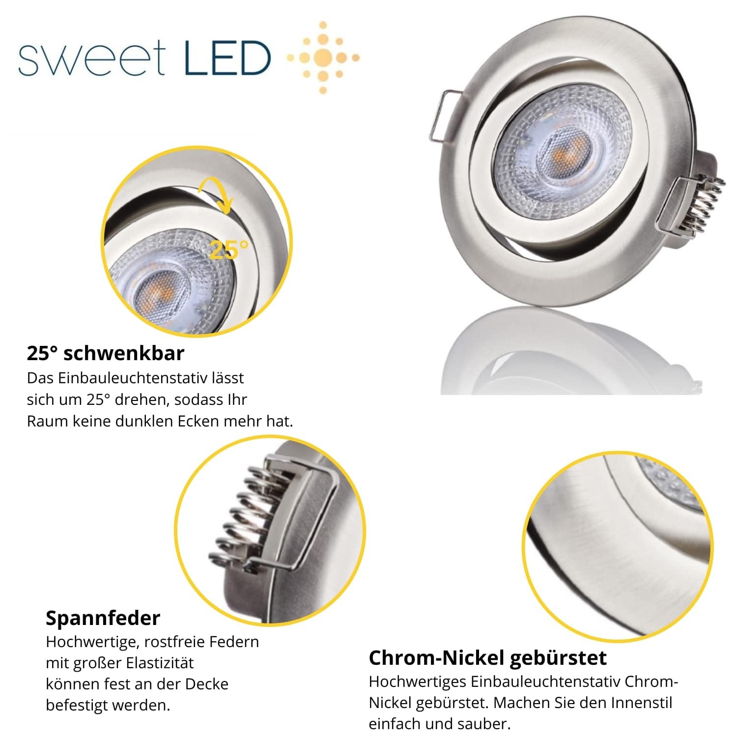 Sweet Led Einbaustrahler 230V flach dimmbar (3 Stufen) – 6er Led spots 230V - 5W 360lm - 3000K warmweiß – spots deckenleuchte - schwenkbar rund Ø68mm Lochmaß - deckenspots chrom-nickel