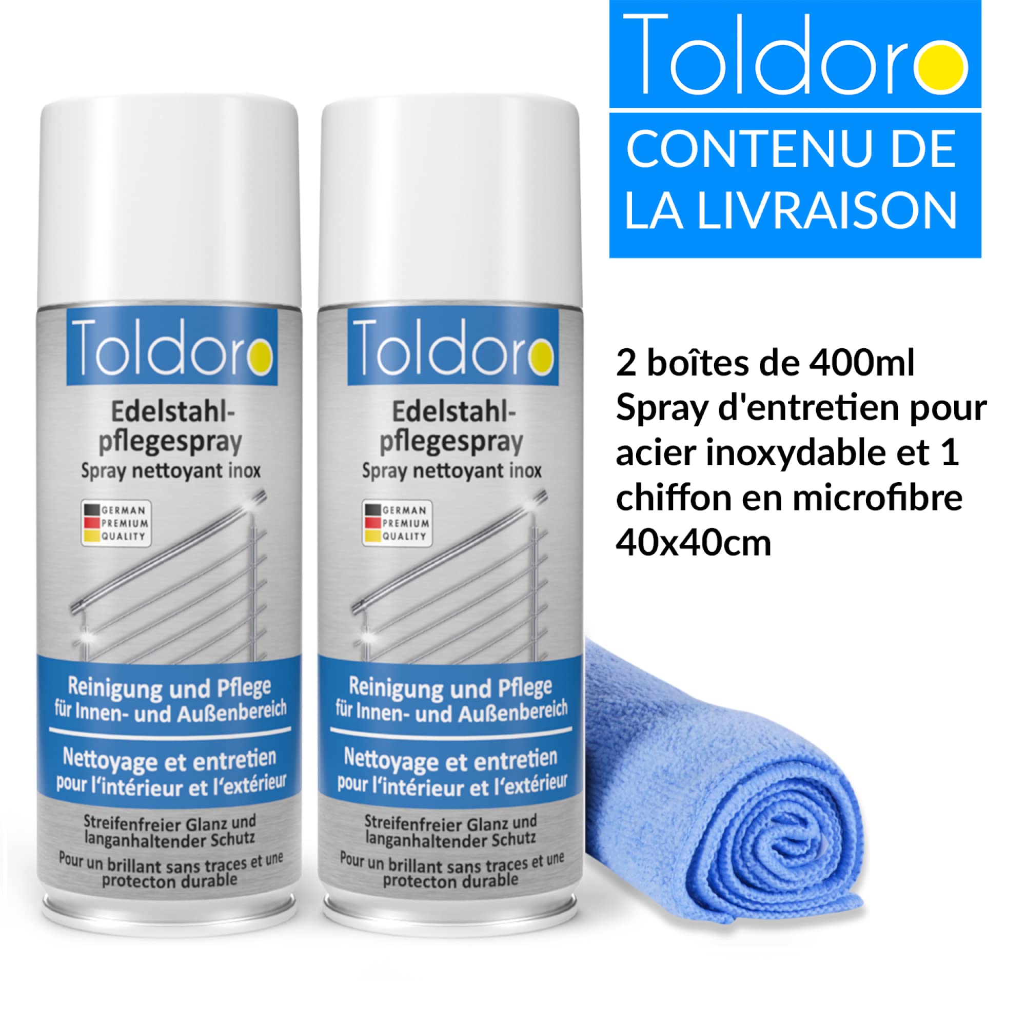 Toldoro® 2x Nettoyant inox professionnel 400ml + 1x Chiffon en microfibres 40x40cm / Vaporisateur comme degraissant barbecue ou nettoyant inox Cuisine/Produit inox nettoyage