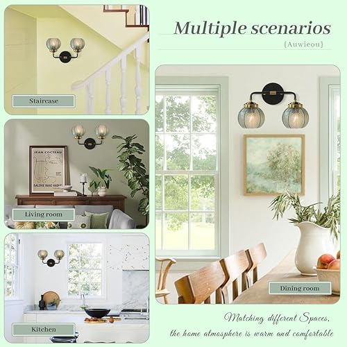 Miniatura 3 de Aplique de pared de baño de 2 luces negras con pantalla de vidrio verde claro con pantalla de vidrio acanalado, luz sobre espejo para dormitorio,