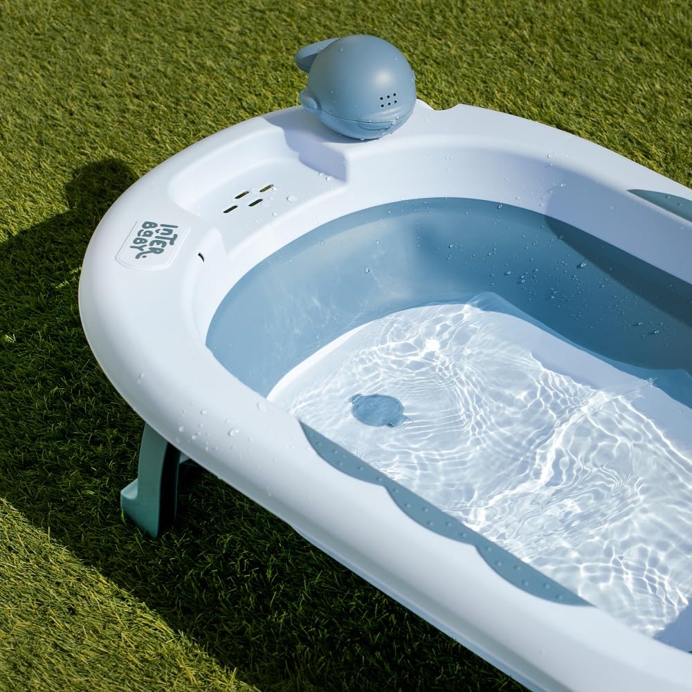 Składana wanna dla niemowląt Interbaby 80x47x21 cm | Składana wanna dla niemowląt z kubkiem do płukania, antypoślizgowa, szczelna nasadka | przenośna, łatwa do przechowywania, wygodna, niebieska