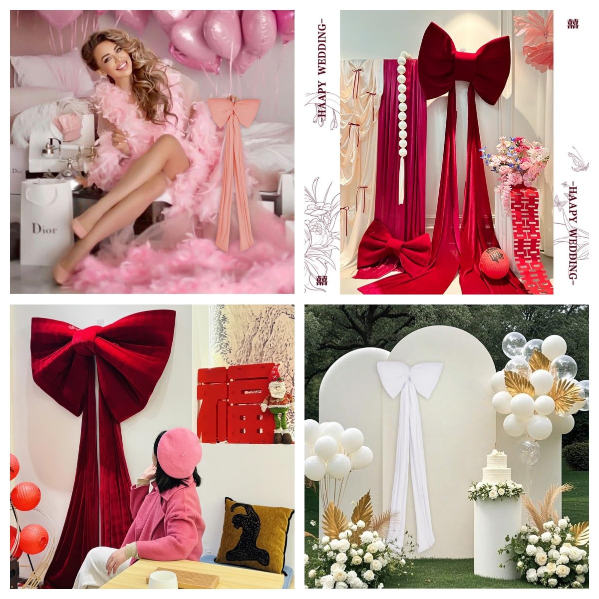 Nœud géant extra large en velours lisse en satin à suspendre pour cadeau de Noël, mariage, voiture de mariage, nœud décoratif pour anniversaire, blanc, 40 x 200 cm